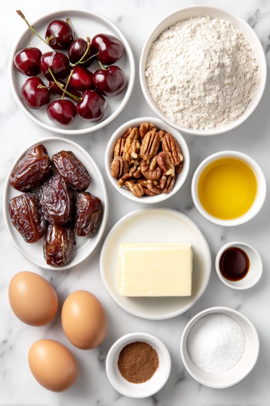 Flat lay of a small mound of all-purpose flour on a simple white ceramic plate, whole unshelled walnuts and whole unshelled pecans arranged neatly, a small cluster of bright red fresh cherries (not jarred) with stems intact on a white ceramic dish, assorted candied fruits in varied colors on a white ceramic bowl, whole pitted dates with glossy skins on a white plate, plump golden raisins in a white ceramic bowl, thin slices of fresh pineapple arranged flat on a white plate, a half stick of unsalted butter on a white ceramic dish, two whole uncracked brown eggs with clean shells, a small white ceramic bowl filled with dark glossy corn syrup, a small white bowl with light orange fruit juice, a small white ceramic bowl containing fine granulated sugar, white ceramic bowls with measured ground cinnamon, allspice, cloves, baking powder and salt displayed as fine powders on white ceramic spoons, arranged in perfect symmetry without duplicates, all ingredients fresh and natural, placed on a clean white marble surface, soft natural light, photo taken with an iPhone, professional food photography style, fresh ingredients, white ceramic bowls, no bottles, no duplicates, no utensils, no packaging --ar 2:3 --v 7 --p m7354615311229779997 - Healthy Christmas Fruit Bundt Cake, festive fruit cake, healthy holiday dessert, wholesome Christmas cake, easy Christmas bundt cake