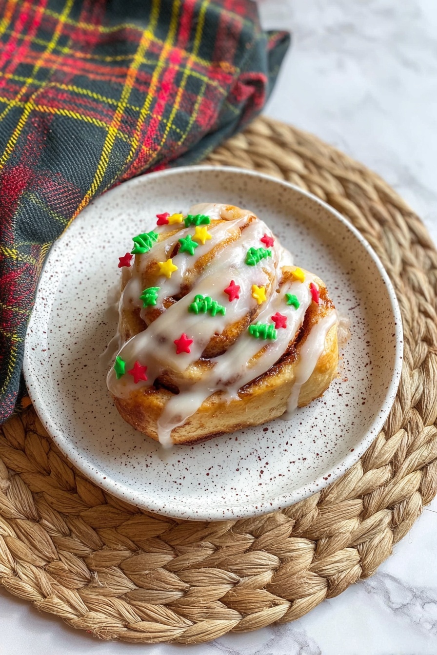 A single cinnamon roll sits in the center of a white plate with small black speckles. The cinnamon roll has four visible thick layers with a light brown, baked texture and is covered by a thick layer of white icing drizzled unevenly over the top. Scattered on the icing are small red, green, and yellow Christmas-themed sprinkles shaped like trees, candy canes, and stars. The plate rests on a natural woven round mat, and a dark cloth with multicolored plaid stripes of yellow, red, and green lies underneath, all set on a white marbled surface. Photo taken with an iphone --ar 2:3 --v 7 - Christmas Tree Cinnamon Rolls, festive cinnamon roll ideas, holiday breakfast recipes, easy holiday treats, Christmas morning breakfast