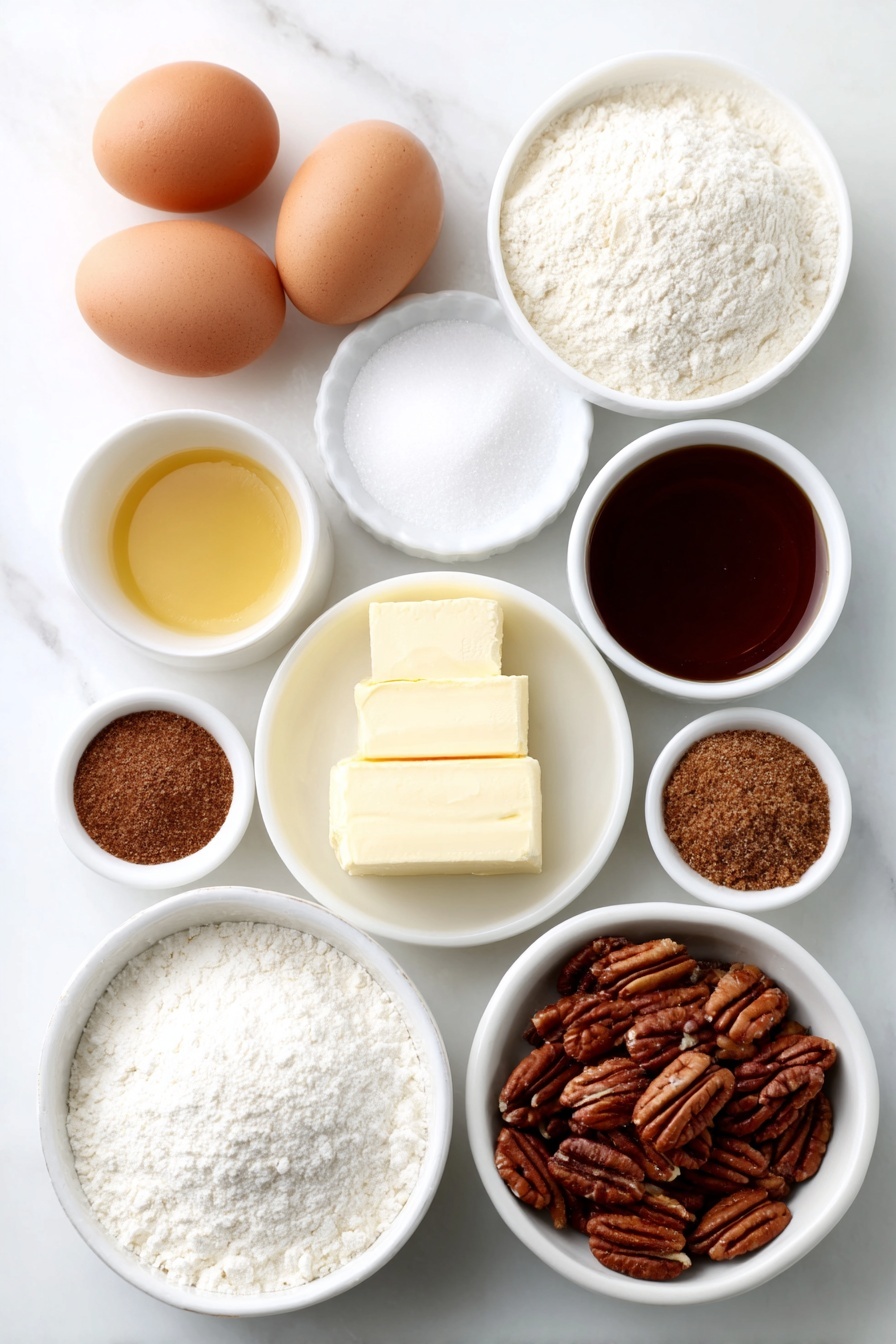Flat lay of a small white ceramic bowl of warm water, two whole uncracked brown eggs, a small white ceramic bowl of honey, a small white ceramic bowl of melted butter, a small white ceramic bowl of kosher salt, a small white ceramic bowl of active dry yeast, a small white ceramic bowl of vanilla extract, a small white ceramic bowl of sea salt, a small white ceramic bowl of granulated sugar, a small white ceramic bowl of brown sugar, a small white ceramic bowl of ground cinnamon, a small white ceramic bowl of ground nutmeg, a small white ceramic bowl of cornstarch, a mound of unbleached all-purpose flour, a small white ceramic bowl of softened unsalted butter, a small white ceramic bowl of softened salted butter, a handful of fresh pecan halves and a small pile of chopped pecans, all arranged in perfect symmetry on a clean white marble surface, soft natural light, photo taken with an iPhone, professional food photography style, fresh ingredients, white ceramic bowls, no bottles, no duplicates, no utensils, no packaging --ar 2:3 --v 7 --p m7354615311229779997 - Caramel Pecan Rolls, caramel pecan rolls, sticky caramel rolls, soft cinnamon rolls with caramel, easy holiday brunch recipes