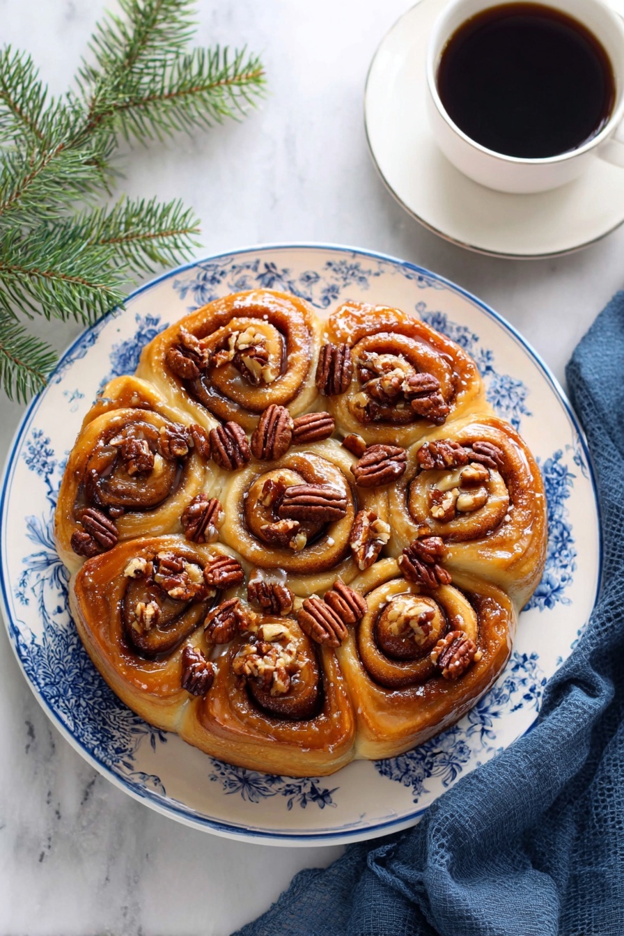 A round cinnamon roll cake with seven swirled rolls arranged closely in a circle on a white plate with blue floral designs, each roll is golden brown and topped with dark brown pecan halves, some pecans are placed in the center while others decorate the edges of the rolls. The rolls have a shiny glaze giving them a glossy look. The plate sits on a white marbled surface with a dark blue cloth napkin partially visible at the bottom right. At the top right, there is a white cup filled with black coffee on a matching white saucer. A small green pine branch is placed on the left side of the plate. photo taken with an iphone --ar 2:3 --v 7 - Caramel Pecan Rolls, caramel pecan rolls, sticky caramel rolls, soft cinnamon rolls with caramel, easy holiday brunch recipes