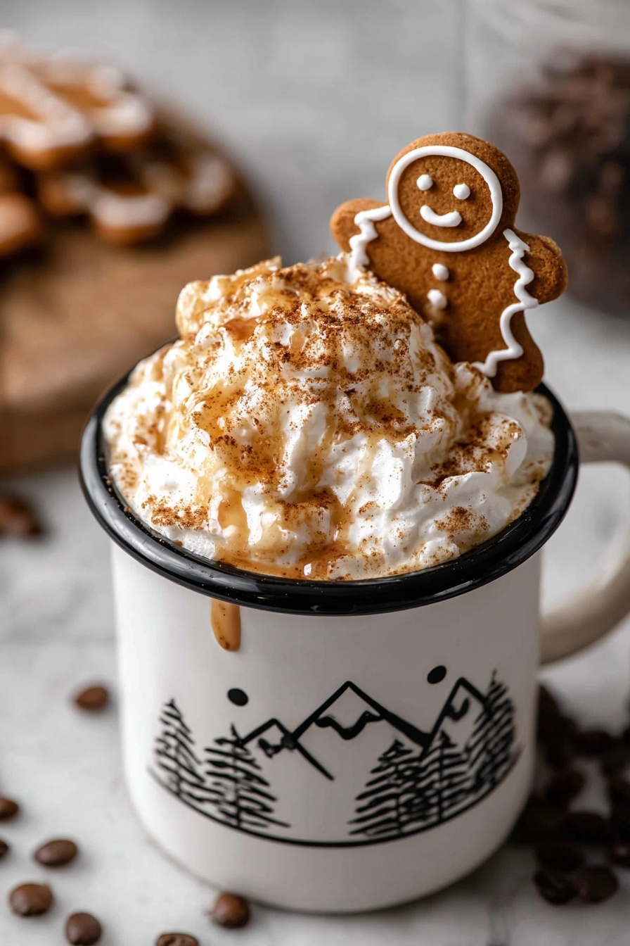 A white mug with a black rim and a simple black mountain and tree design holds a drink topped with a thick layer of fluffy white whipped cream. The whipped cream is sprinkled with brown cinnamon powder and drizzled with light brown syrup. A smiling gingerbread cookie with white icing details is resting on top, leaning against the whipped cream. The mug sits on a white marbled surface with a blurred background that shows more gingerbread cookies and coffee beans. Photo taken with an iphone --ar 2:3 --v 7 - Gingerbread Latte Coffee, Gingerbread Latte Copycat, Holiday Coffee Drinks, Homemade Gingerbread Latte, Spiced Coffee Recipes