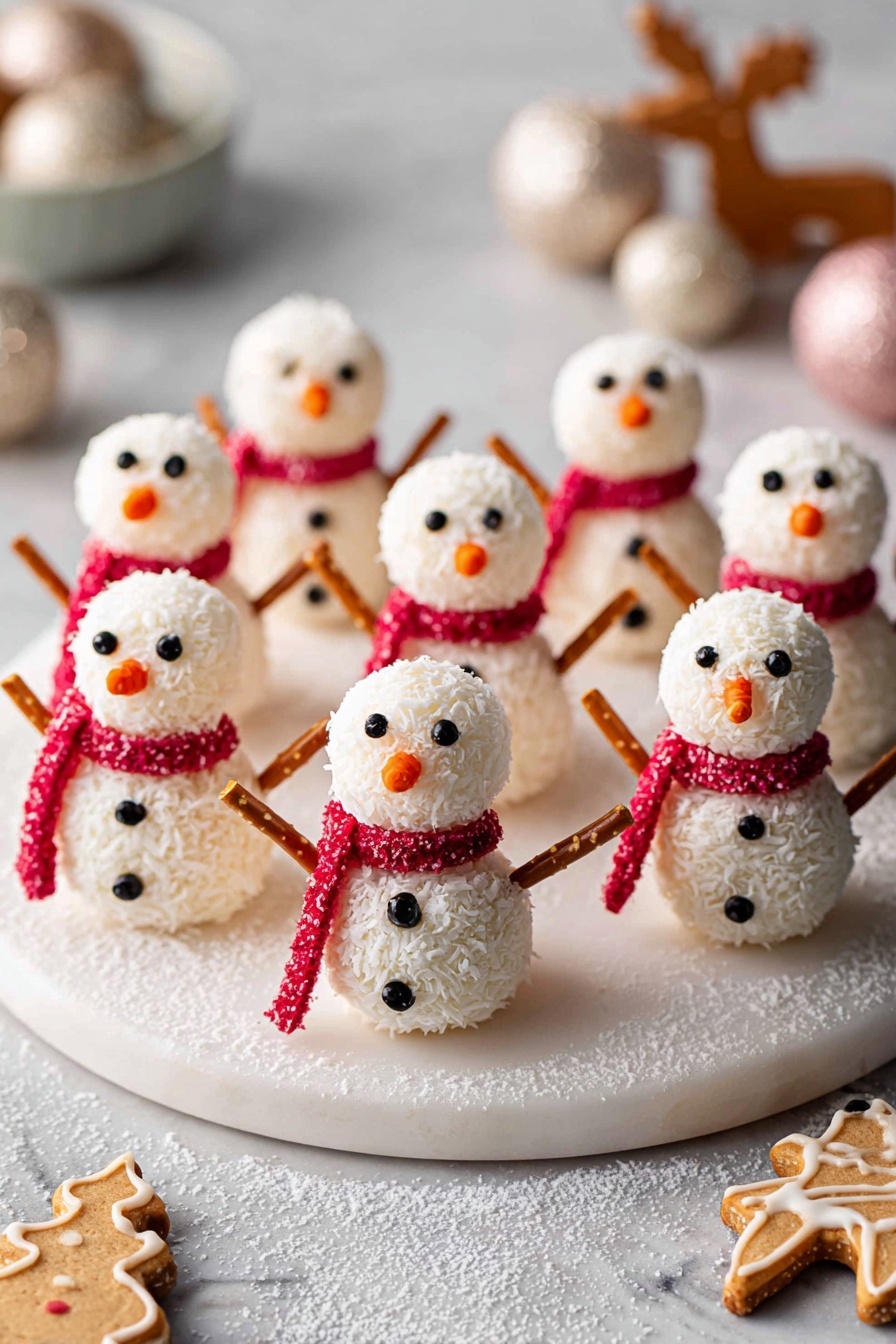 The image shows a group of small snowman-shaped treats arranged on a round white marble board. Each snowman has two round white layers covered in a powdery texture resembling coconut flakes, stacked vertically to form the body and head. They have tiny black eyes and buttons made from small black dots, and an orange nose shaped like a small cone in the middle of the face. A bright red candy scarf wraps around the neck of each snowman, textured with small sugar crystals. Thin pretzel sticks stick out from each side of the middle layer to look like arms. The white marble board is dusted lightly with coconut flakes, and in the blurred background, a few round ornaments and small gingerbread cookies shaped like a star and a reindeer lie on the white marbled surface. photo taken with an iphone --ar 2:3 --v 7 - Vegan Coconut Snowman Truffles, vegan holiday treats, no-bake Christmas desserts, coconut snowman candies, vegan festive sweets