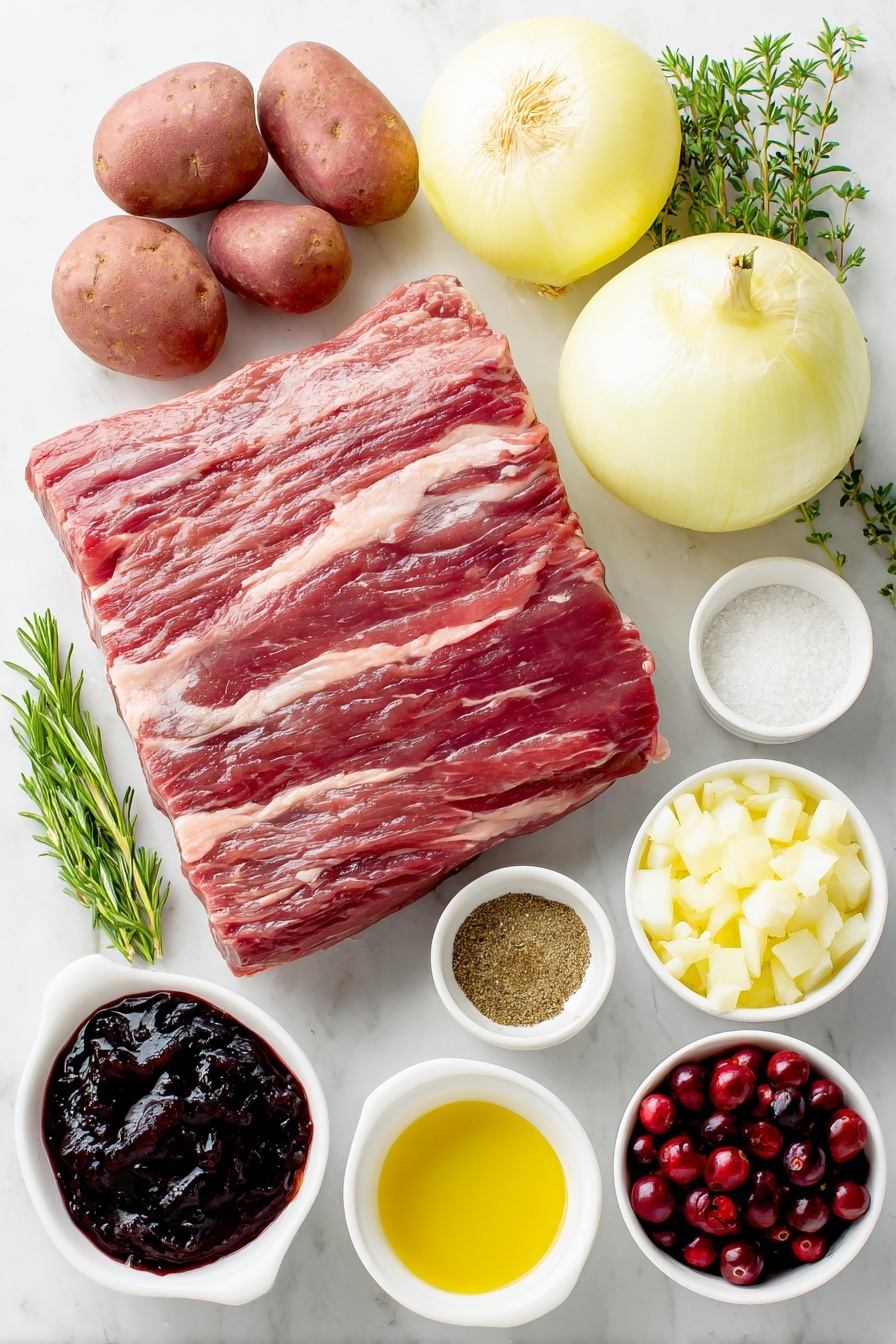 Flat lay of a large raw beef brisket flat cut with visible marbling, a small white bowl of golden olive oil, a small white bowl with a mix of coarse salt, black pepper, dried thyme and rosemary, garlic powder, and onion powder, a whole yellow onion halved—one half sliced thinly and one half diced in a small pile, five fresh garlic cloves, a small white bowl filled with glossy deep red cranberry jelly, a small white bowl with dark Worcestershire sauce, a small white bowl of dark Guinness beer, a cluster of petite red potatoes with smooth skins, a small white bowl holding plump dried cranberries, and three sprigs each of fresh green rosemary and thyme arranged symmetrically—all placed on a clean white marble surface, soft natural light, photo taken with an iPhone, professional food photography style, fresh ingredients, white ceramic bowls, no bottles, no duplicates, no utensils, no packaging --ar 2:3 --v 7 --p m7354615311229779997 - Cranberry Beef Brisket Without Recipe, holiday beef brisket, slow cooker beef brisket, festive beef roast with cranberries, easy beef brisket for holidays
