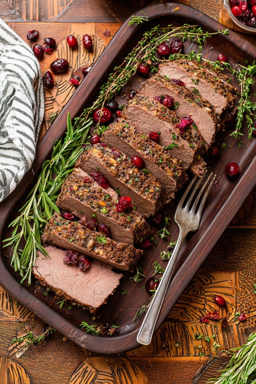 The image shows a large white rectangular baking dish with red handles, filled with a dark roasted meat roast on top, surrounded by small browned onions and dark red cooked cranberries in a rich brown sauce. Several bright green sprigs of rosemary are placed on and around the roast, adding texture and color contrast. The dish sits on a wooden textured table with a striped grey and white cloth beneath the handle. To the right, there is a white basket filled with light golden bread rolls. In the background, there is a silver carving fork and knife with black handles, along with scattered sprigs of fresh herbs, cranberries, and garlic cloves on the table. photo taken with an iphone --ar 2:3 --v 7 - Cranberry Beef Brisket Without Recipe, holiday beef brisket, slow cooker beef brisket, festive beef roast with cranberries, easy beef brisket for holidays