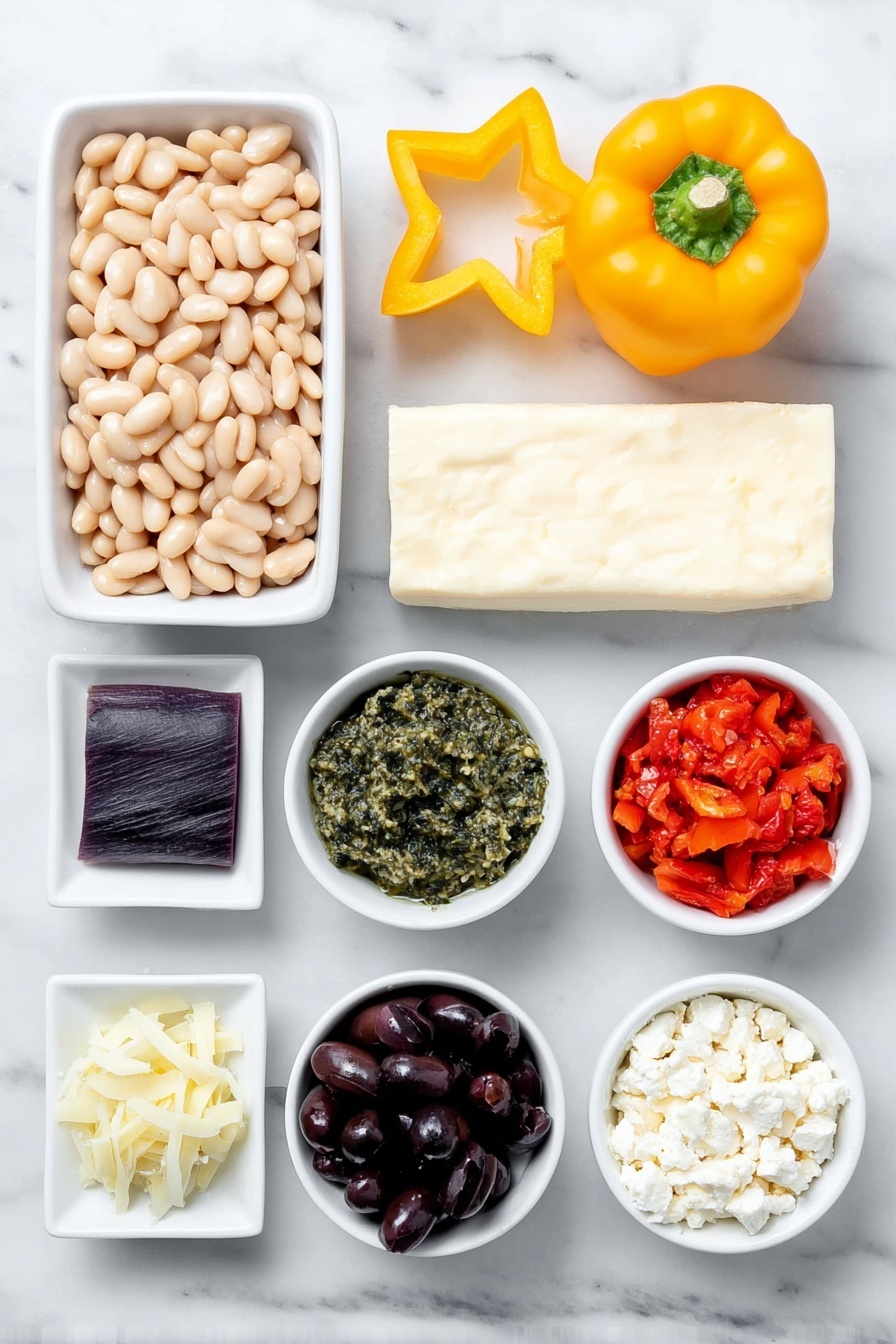 Flat lay of a small white ceramic bowl of rinsed cannellini beans, an uncut block of reduced-fat cream cheese, a small white bowl of vibrant green pesto, a fresh yellow bell pepper with one star-shaped slice cut out, a rectangular slice of dark purple-black pepper, a small white bowl of chopped artichoke hearts, a small white bowl of chopped roasted red peppers, horizontally sliced Kalamata olives arranged in a small white bowl, a few bright red Sweety Drop peppers scattered beside the bowls, and a small white bowl of crumbled reduced-fat feta cheese, all arranged in perfect symmetry on a clean white marble surface, soft natural light, photo taken with an iPhone, professional food photography style, fresh ingredients, white ceramic bowls, no bottles, no duplicates, no utensils, no packaging --ar 2:3 --v 7 --p m7354615311229779997 - Christmas Tree Bean Dip with Pesto and Veggies, festive holiday appetizer, healthy Christmas vegetable dip, easy holiday party dip, colorful veggie dip