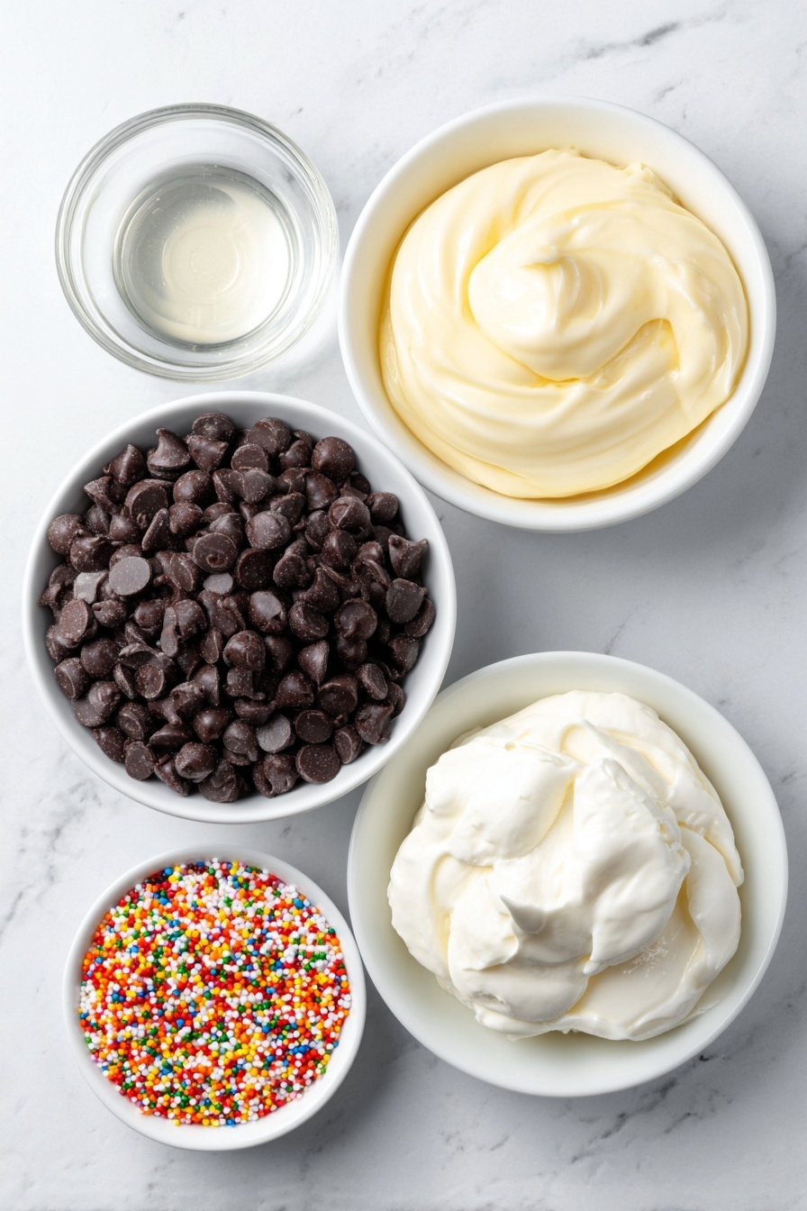 Flat lay of a small mound of glossy semi-sweet chocolate chips, a simple white ceramic bowl filled with smooth, thick sweetened condensed milk, a tiny white bowl holding clear vanilla extract, and a small white bowl overflowing with colorful round sprinkles, all arranged in perfect symmetry, placed on a clean white marble surface, soft natural light, photo taken with an iPhone, professional food photography style, fresh ingredients, white ceramic bowls, no bottles, no duplicates, no utensils, no packaging --ar 2:3 --v 7 --p m7354615311229779997 - Christmas Chocolate Truffles, festive chocolate treats, holiday dessert recipes, easy holiday truffles, no-bake chocolate sweets