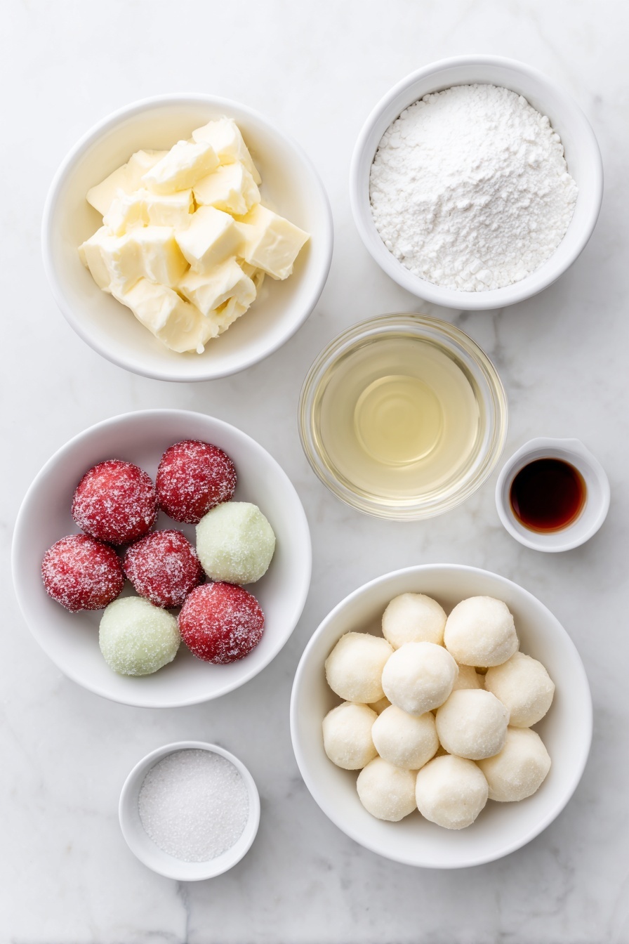 Flat lay of a small white ceramic bowl of softened butter, a small white ceramic bowl of light corn syrup, a small white ceramic bowl of clear peppermint extract, three portions of dough balls in red, green, and white hues (smooth texture, no utensils), a small white ceramic bowl of powdered sugar, a small white ceramic bowl of granulated sugar, all arranged symmetrically and proportionally, placed on a clean white marble surface, soft natural light, photo taken with an iPhone, professional food photography style, fresh ingredients, white ceramic bowls, no bottles, no duplicates, no utensils, no packaging --ar 2:3 --v 7 --p m7354615311229779997 - Easy Peppermint Patties, homemade peppermint candies, holiday mint treats, simple peppermint candies, mint chocolate confections