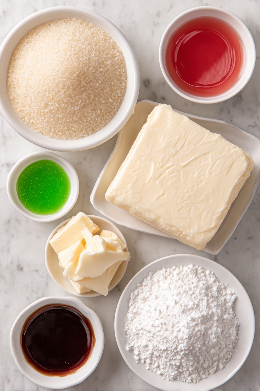 Flat lay of a small mound of granulated sugar in a simple white ceramic bowl, a block of soft cream cheese on a white ceramic plate, a few tablespoons of unsalted butter on a white dish, a small white bowl filled with clear corn syrup, a tiny white bowl with fresh peppermint extract, a heap of powdered sugar on a white ceramic plate, a few drops of vibrant green liquid food coloring in a small white bowl, a few drops of bright red liquid food coloring in another small white bowl placed symmetrically, all ingredients arranged in perfect balance and symmetry, placed on a clean white marble surface, soft natural light, photo taken with an iPhone, professional food photography style, fresh ingredients, white ceramic bowls, no bottles, no duplicates, no utensils, no packaging --ar 2:3 --v 7 --p m7354615311229779997 - No-Bake Christmas Peppermint Mints, festive holiday candies, easy peppermint mints, homemade Christmas treats, no-bake peppermint candies