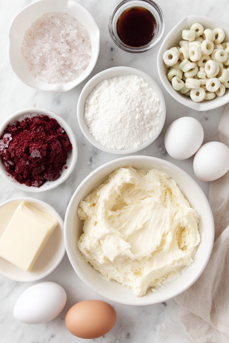 Flat lay of a simple white ceramic bowl of softened cream cheese, a small white bowl of unsalted butter softened to a creamy texture, a small white bowl filled with fine white confectioners’ sugar, two whole eggs with clean shells, a small white bowl of pure vanilla extract, a few bright red velvet cake mix crumbs, a handful of glossy green candy melts, a handful of glossy red candy melts, a handful of glossy white candy melts, a small white bowl of sparkling sanding sugar, and a few frosted Cheerios arranged neatly, all placed on a clean white marble surface, soft natural light, photo taken with an iPhone, professional food photography style, fresh ingredients, white ceramic bowls, no bottles, no duplicates, no utensils, no packaging --ar 2:3 --v 7 --p m7354615311229779997 - Festive Red Velvet Cake Ball Ornaments, holiday cake favors, Christmas dessert ideas, easy holiday treats, edible holiday decorations