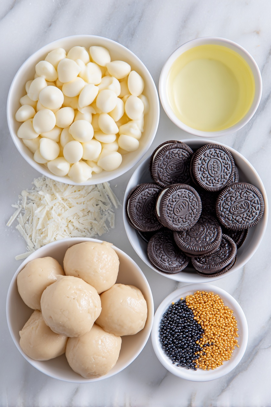 Flat lay of a small mound of smooth, pale beige cookie dough scooped into neat balls, a cluster of glossy whole mini Oreos with shiny black cookies and no visible filling, a small white ceramic bowl filled with creamy white chocolate chips, a small white bowl with translucent, pale yellow coconut oil, shiny cylindrical Rolo chocolates with visible caramel centers peeking through the milk chocolate, delicate white snowflake sprinkles scattered artfully, and tiny glossy black and vibrant orange pearl sprinkles arranged in small groups, all placed on a clean white marble surface, soft natural light, photo taken with an iPhone, professional food photography style, fresh ingredients, white ceramic bowls, no bottles, no duplicates, no utensils, no packaging --ar 2:3 --v 7 --p m7354615311229779997 - Snowman Cookie Dough Bites, edible cookie dough treats, festive holiday sweet snacks, no-bake cookie bites, easy holiday desserts