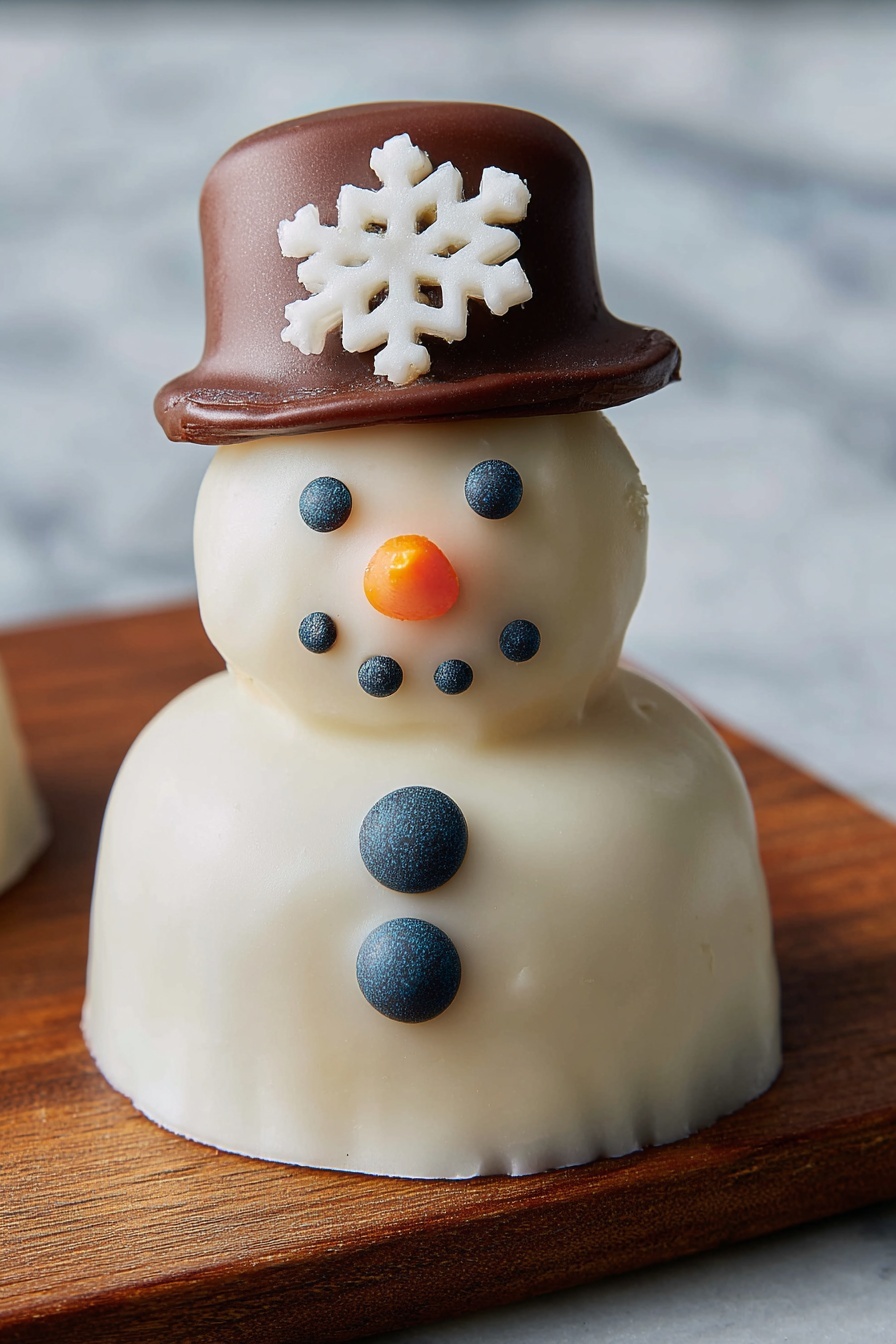 The image shows small snowman-shaped treats arranged on a surface with a white marbled texture. Each snowman has three layers: a white outer coating forming the round body and base, black candy pieces for eyes and mouth, and an orange candy for the nose. On top of each snowman is a small brown hat with a black band and a white snowflake decoration on the side. One snowman is seen with a bite taken out, revealing a light brown filling with dark spots inside. The hats are also small, round, and smooth, matching the brown color of chocolate. Photo taken with an iphone --ar 2:3 --v 7 - Snowman Cookie Dough Bites, edible cookie dough treats, festive holiday sweet snacks, no-bake cookie bites, easy holiday desserts