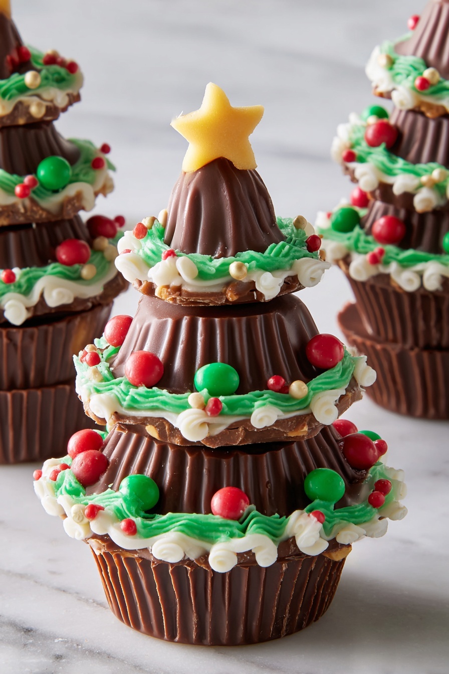 The image shows a small Christmas tree made from three stacked brown ridged chocolate cups of different sizes as layers, with the largest at the bottom and the smallest on top. A single large brown chocolate kiss forms the pointed tip of the tree, dusted with white powdered sugar to look like snow. White frosting spirals around the tree from the base to the top, decorated with small round red and green candy dots. At the very peak, a small yellow star-shaped candy sits on top. The tree stands on a white marbled surface with white powdered sugar falling gently around it, creating a snowy effect. photo taken with an iphone --ar 2:3 --v 7 - Reese’s Tree Christmas Candy, Christmas Candy Recipes, No Bake Christmas Treats, Holiday Candy Ideas, Easy Christmas Desserts