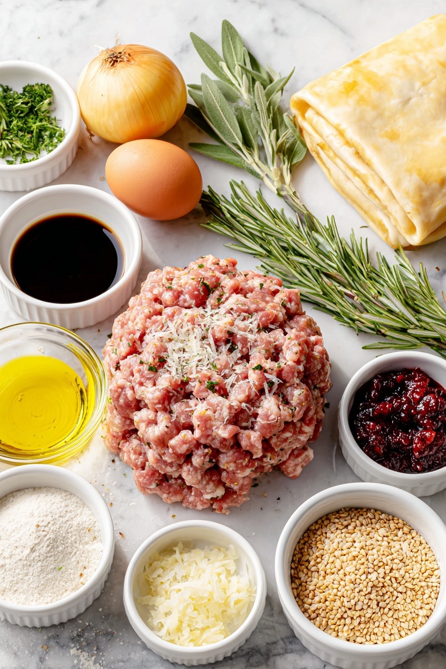 Flat lay of extra-virgin olive oil in a small white ceramic bowl, one large yellow onion with golden skin and some finely chopped pieces beside it, coarse kosher salt crystals in a small white bowl, freshly ground black pepper in a small white bowl, a few sprigs of fresh rosemary, a few sprigs of fresh sage, a mound of sweet Italian pork sausage with visible herbs and spices, a small pile of chopped fresh parsley, a small white ceramic bowl with dark Worcestershire sauce, a small pile of all-purpose flour, a sheet of rolled puff pastry with a smooth pale golden surface folded in half, a small white ceramic bowl with pale Dijon mustard, one whole uncracked large brown egg, a small white ceramic bowl containing toasted sesame seeds, a small white ceramic bowl with poppy seeds, and a small mound of glossy red cranberry chutney—all arranged symmetrically with balanced spacing, placed on a clean white marble surface, soft natural light, photo taken with an iPhone, professional food photography style, fresh ingredients, white ceramic bowls, no bottles, no duplicates, no utensils, no packaging --ar 2:3 --v 7 --p m7354615311229779997 - Sausage Roll Wreath, festive sausage roll ideas, party appetizer recipes, holiday appetizer recipes, savory puff pastry appetizers