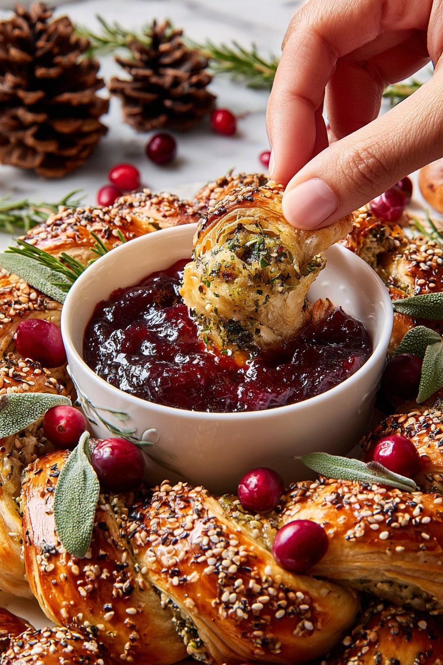 A close-up image shows a woman's hand dipping a golden brown, sesame-seed-covered pastry with green herb bits into a small white bowl filled with thick dark red cranberry sauce, which has a glossy texture and visible orange peel pieces. The bowl sits in the middle of a white marbled surface, surrounded by a ring of twisted pastries sprinkled with sesame seeds and chopped herbs. Fresh red cranberries and green herb sprigs, including rosemary and sage, are scattered decoratively around the bowl and pastries. In the background, large pine cones add a rustic touch. Photo taken with an iphone --ar 2:3 --v 7 - Sausage Roll Wreath, festive sausage roll ideas, party appetizer recipes, holiday appetizer recipes, savory puff pastry appetizers