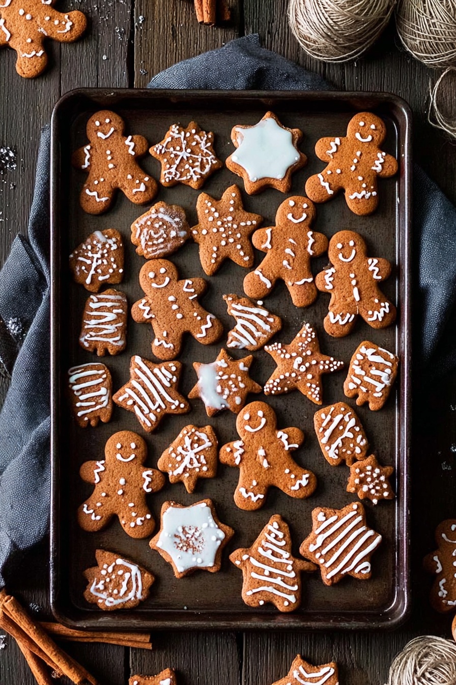 A white bowl filled with gingerbread cookies is held by two woman's hands at the bottom of the frame. The cookies are shaped like gingerbread people and stars, each decorated with white icing in different patterns such as zigzags, dots, lines, and snowflakes. The gingerbread people have smiling faces and some have buttons or scarves, while the star-shaped cookies feature intricate lace-like icing designs. The bowl sits on a white marbled surface scattered with additional decorated cookies, cinnamon sticks, a metal cookie cutter, and two small glass bottles of milk nearby. The overall color palette includes warm brown and white tones. photo taken with an iphone --ar 2:3 --v 7 - Vegan Gingerbread Cookies, vegan gingerbread cookies, dairy-free gingerbread cookies, holiday vegan cookies, sugar-free gingerbread treats