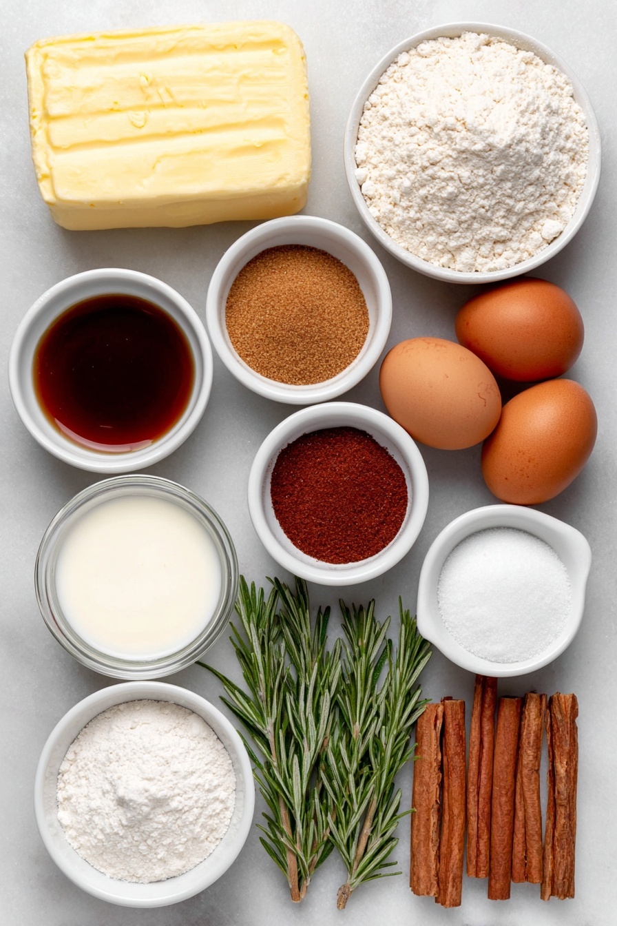 Flat lay of all-purpose flour in a small white ceramic bowl, a small white bowl with baking powder, ground ginger, ground cinnamon, ground cloves, and ground nutmeg arranged separately as fine powders, a small heap of coarse salt on white ceramic, a large slab of unsalted butter, packed dark brown sugar in a small white bowl, two whole uncracked brown eggs, molasses in a small white bowl showing its glossy dark texture, vanilla beans next to a small white bowl with vanilla extract, a small white bowl of buttermilk, baking soda powder in a small white bowl, heavy cream in a small white bowl, powdered sugar in a small white bowl, several cinnamon sticks, a few star anise pods, translucent candied ginger slices, and fresh rosemary sprigs arranged symmetrically, placed on a clean white marble surface, soft natural light, photo taken with an iPhone, professional food photography style, fresh ingredients, white ceramic bowls, no bottles, no duplicates, no utensils, no packaging --ar 2:3 --v 7 --p m7354615311229779997 - Spiced Gingerbread Wreath Cake, gingerbread festive cake, holiday wreath cake, gingerbread dessert recipe, seasonal gingerbread cake