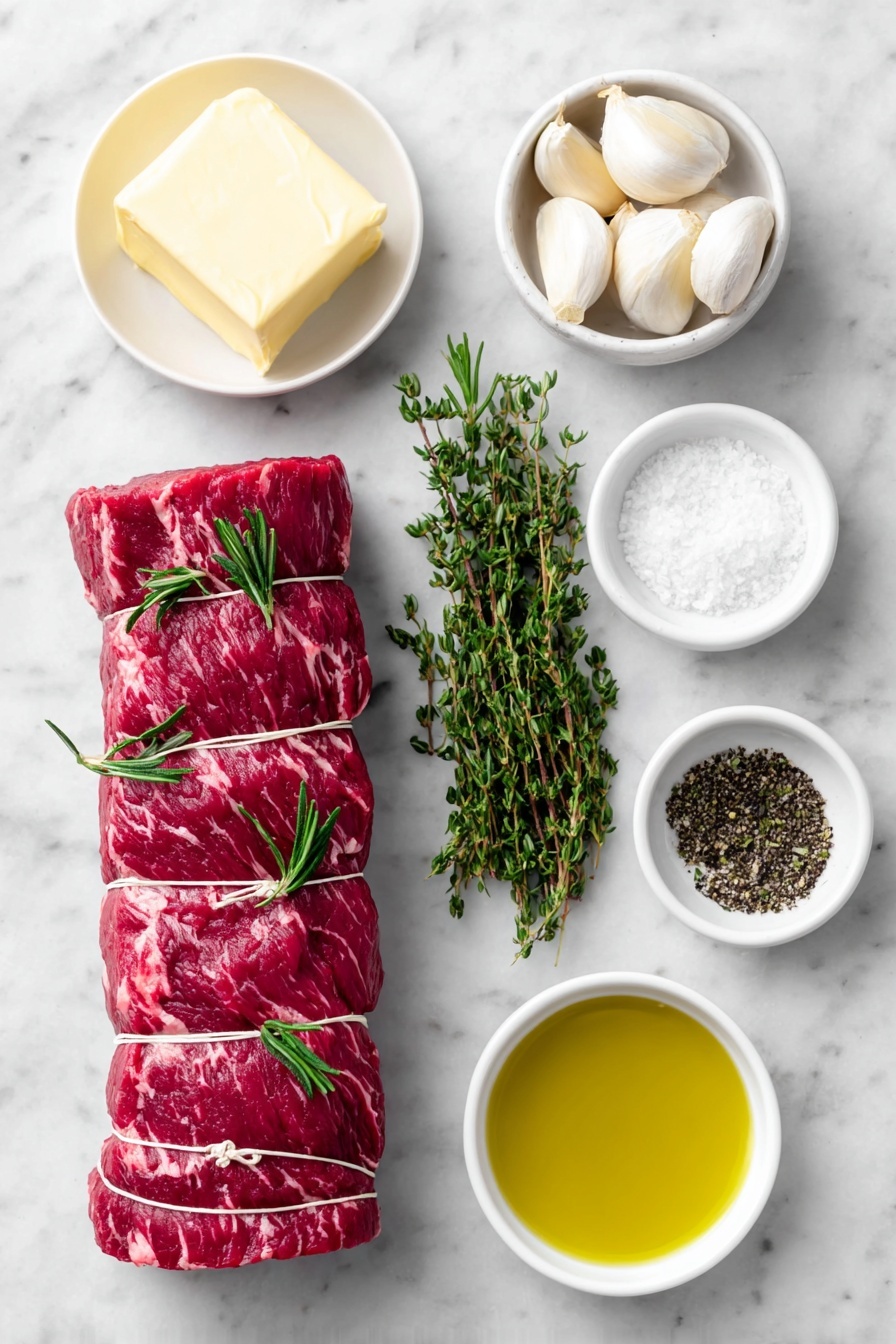 Flat lay of a whole raw center-cut beef tenderloin roast, tied with kitchen twine and trimmed, a few sprigs of fresh rosemary and thyme arranged neatly, six peeled garlic cloves clustered together, a small white ceramic bowl holding soft pale yellow butter, a small white ceramic bowl with coarse kosher salt crystals, a small white ceramic bowl filled with freshly ground black pepper, a small white ceramic bowl containing golden avocado oil, all ingredients fresh and natural, perfectly balanced and symmetrical, placed on a clean white marble surface, soft natural light, photo taken with an iPhone, professional food photography style, fresh ingredients, white ceramic bowls, no bottles, no duplicates, no utensils, no packaging --ar 2:3 --v 7 --p m7354615311229779997 - Herb Garlic Butter Beef Tenderloin, beef tenderloin roast, herb garlic butter steak, holiday beef centerpiece, easy beef tenderloin recipe