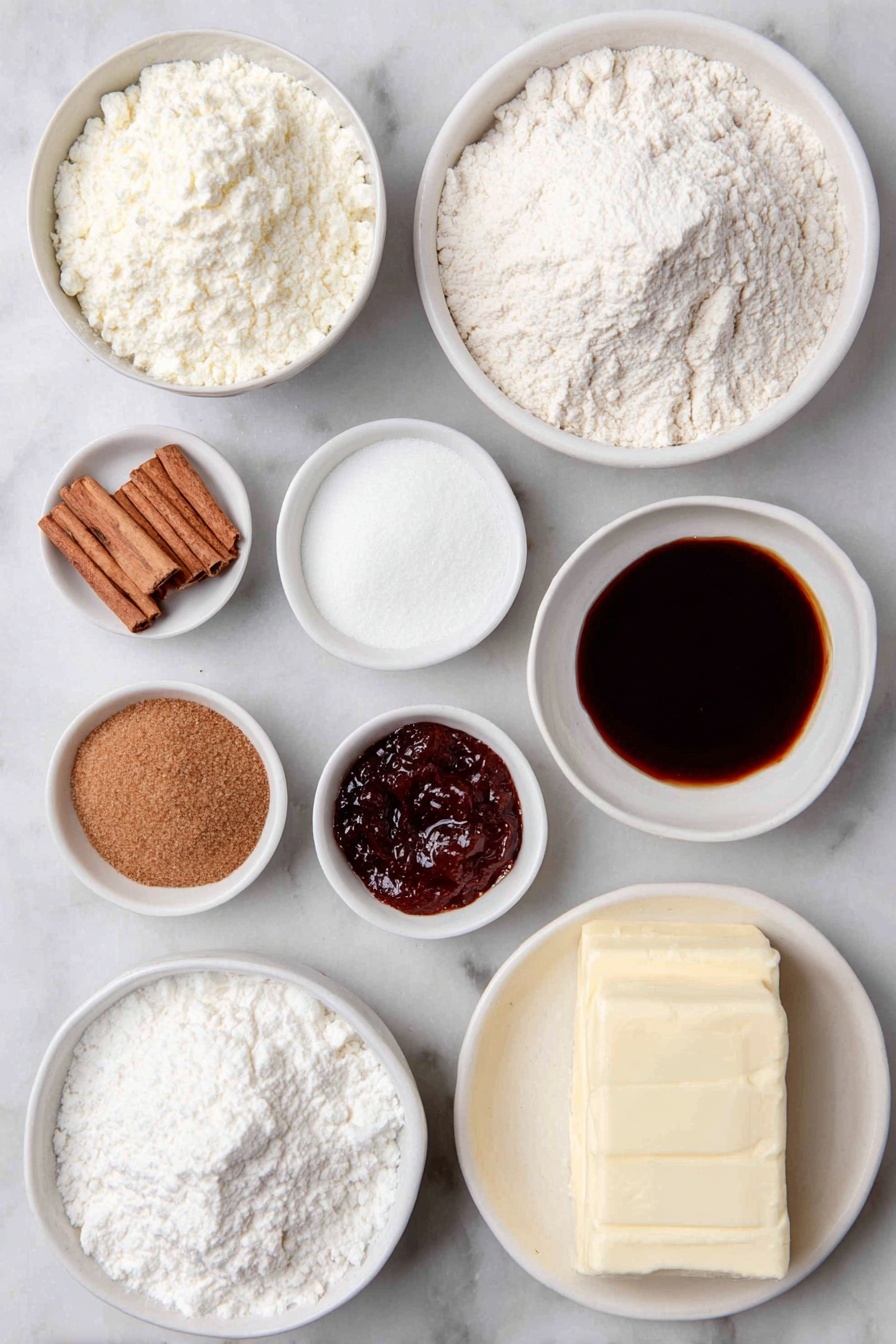 Flat lay of a small mound of all-purpose flour dusted lightly, a small white ceramic bowl of cornstarch, a small white ceramic bowl containing ground ginger, another small white ceramic bowl with ground cinnamon, a small white ceramic bowl holding baking soda, a small white ceramic bowl with kosher salt, a small white ceramic bowl with ground cloves, a small white ceramic bowl with ground allspice, a small white ceramic bowl of ground nutmeg, a slab of unsalted butter at room temperature, a small heap of packed dark brown sugar, a small white ceramic bowl filled with rich molasses, one large whole egg with a clean shell, a small white ceramic bowl of vanilla extract, a small white ceramic bowl of softened unsalted butter for filling, a few bright orange zest strips, a larger small white ceramic bowl filled with powdered sugar, a small white ceramic bowl holding glossy jellied cranberry sauce placed on a clean white marble surface, soft natural light, photo taken with an iPhone, professional food photography style, fresh ingredients, white ceramic bowls, no bottles, no duplicates, no utensils, no packaging --ar 2:3 --v 7 --p m7354615311229779997 - Gingerbread Sandwich Cookies with Cranberry Filling, holiday gingerbread cookies, festive cranberry cookies, holiday cookie recipes, gingerbread dessert ideas