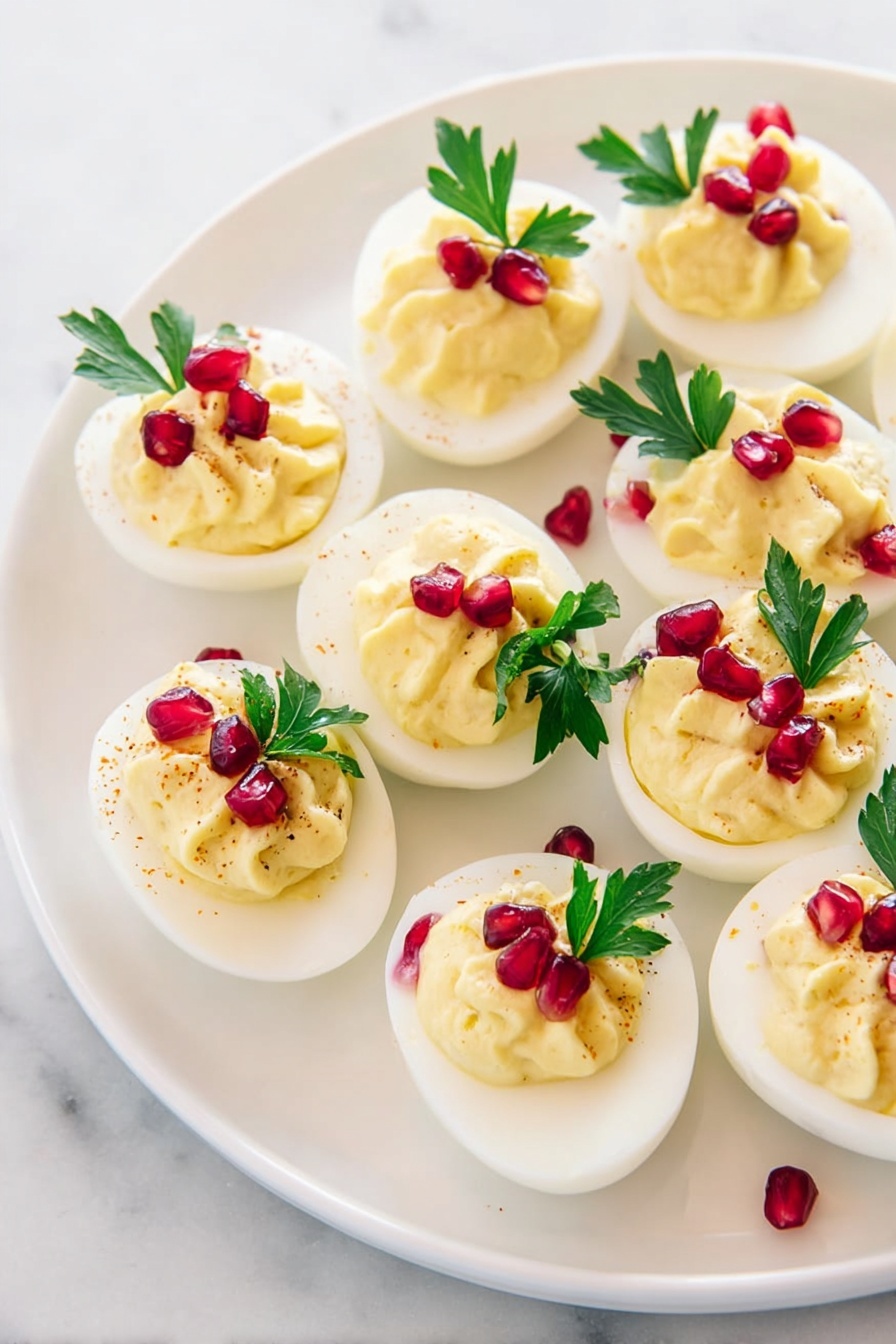 A white plate holds eight deviled egg halves arranged in a loose circle, each made of a smooth white egg white base filled with a pale yellow creamy filling that has a slightly swirled texture. On top of each filling, there are a few bright red pomegranate seeds and a small green parsley leaf, adding color contrast. The plate is set on a white marbled surface with a hint of natural light that makes the dish look fresh and inviting. photo taken with an iphone --ar 2:3 --v 7 - Christmas Deviled Eggs with Pomegranate, festive deviled eggs, holiday appetizer recipes, pomegranate appetizer ideas, easy holiday party snacks