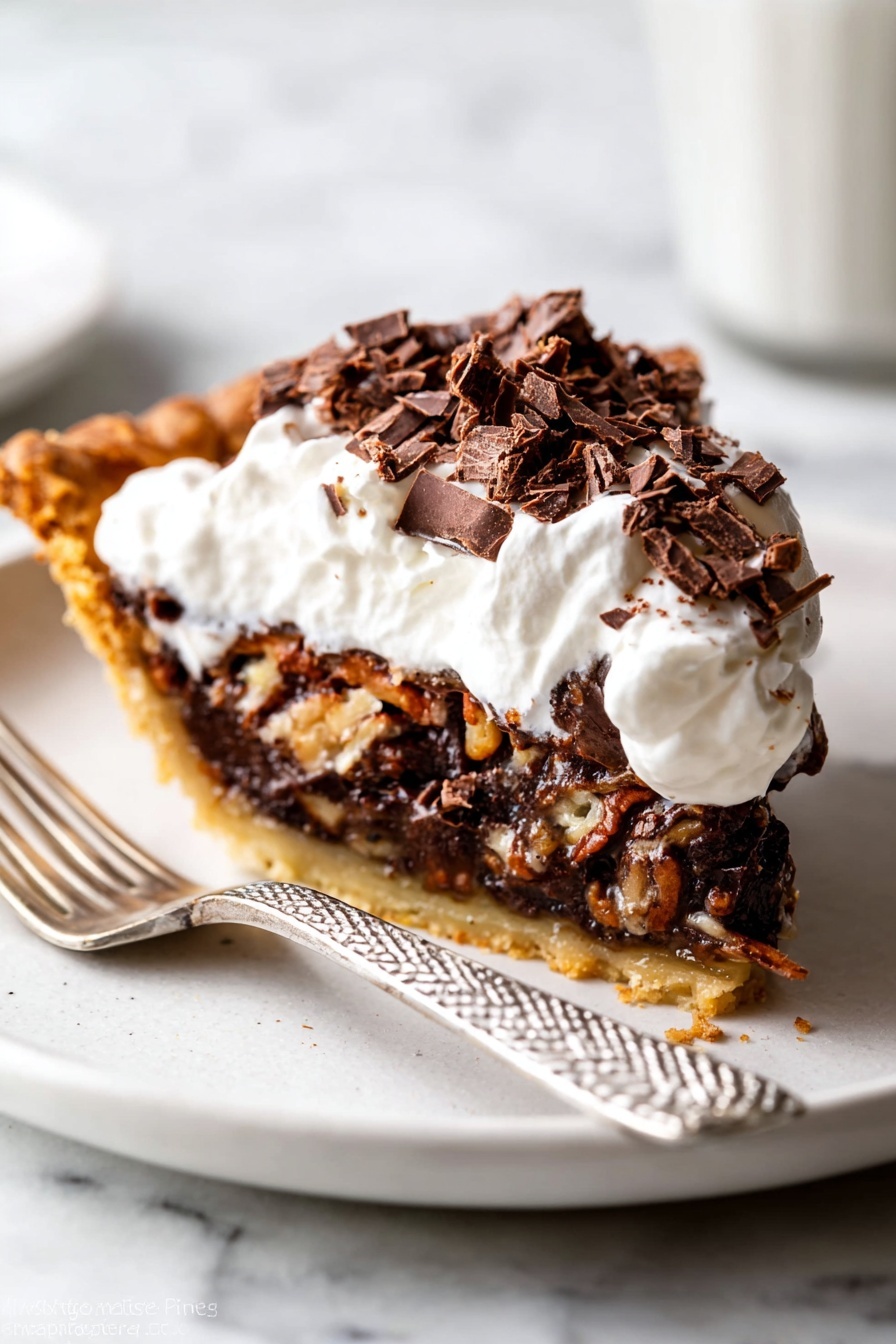 A round pecan pie is shown from above in a clear glass pie dish with a golden brown, unevenly crimped crust forming the outer edge. The pie filling is dark brown and textured with whole pecans placed close together, and generous dollops of melted chocolate spread unevenly on top. Small grains of coarse sea salt are scattered across the surface, adding a slight sparkle. The pie sits on a white marbled surface. photo taken with an iphone --ar 2:3 --v 7 - Dark Chocolate Pecan Pie, pecan pie with dark chocolate, decadent chocolate pecan dessert, easy chocolate pecan pie recipe, rich pecan pie