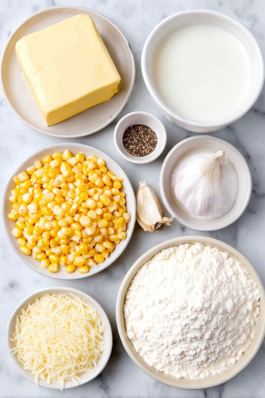 Flat lay of unsalted butter pat, a small mound of all-purpose flour on a white ceramic plate, a small white bowl filled with whole milk, a pile of fresh yellow corn kernels, a whole garlic clove, a small white bowl of sea salt, a small white bowl with freshly ground black pepper, and a small white bowl heaped with freshly grated Parmesan cheese, all arranged in perfect symmetry on simple white ceramic dishes placed on a clean white marble surface, soft natural light, photo taken with an iPhone, professional food photography style, fresh ingredients, white ceramic bowls, no bottles, no duplicates, no utensils, no packaging --ar 2:3 --v 7 --p m7354615311229779997 - Creamed Corn with Parmesan, creamy corn side dish, cheesy corn recipe, Parmesan corn recipe, easy savory corn dish