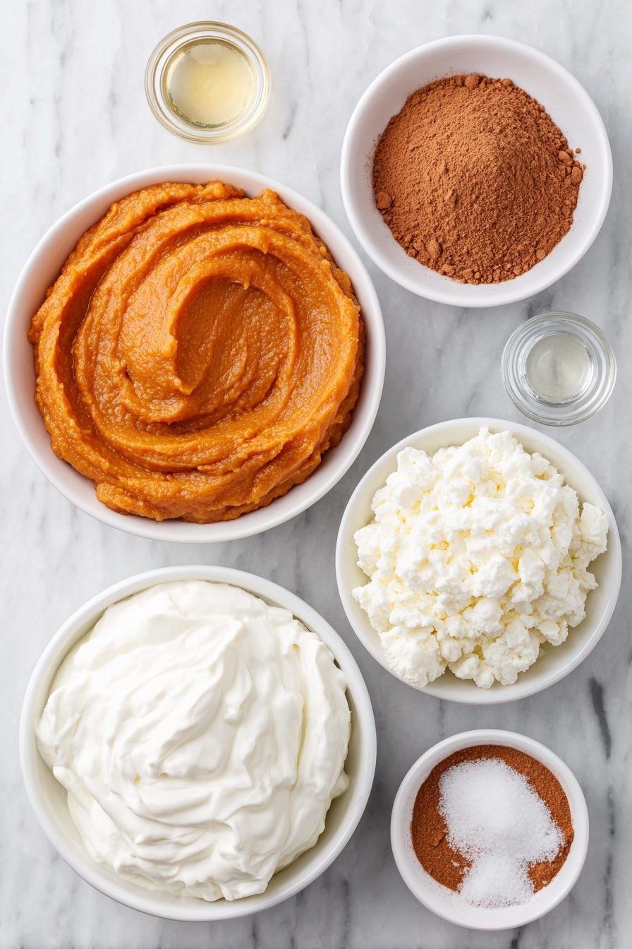 Flat lay of a small white ceramic bowl filled with smooth bright orange pumpkin puree, a small white ceramic bowl with thick plain Greek yogurt, a small white ceramic bowl containing a glossy amber maple syrup, a small white ceramic bowl of heavy cream just softly whipped, a neat pile of warm brown pumpkin pie spice powder beside a tiny mound of fine salt, and a small white ceramic bowl holding clear vanilla extract liquid, all ingredients fresh and natural, arranged symmetrically in a balanced layout, placed on a clean white marble surface, soft natural light, photo taken with an iPhone, professional food photography style, fresh ingredients, white ceramic bowls, no bottles, no duplicates, no utensils, no packaging --ar 2:3 --v 7 --p m7354615311229779997 - Pumpkin Mousse with Whipped Cream, pumpkin mousse dessert, fall pumpkin mousse recipe, easy pumpkin mousse, airy pumpkin dessert