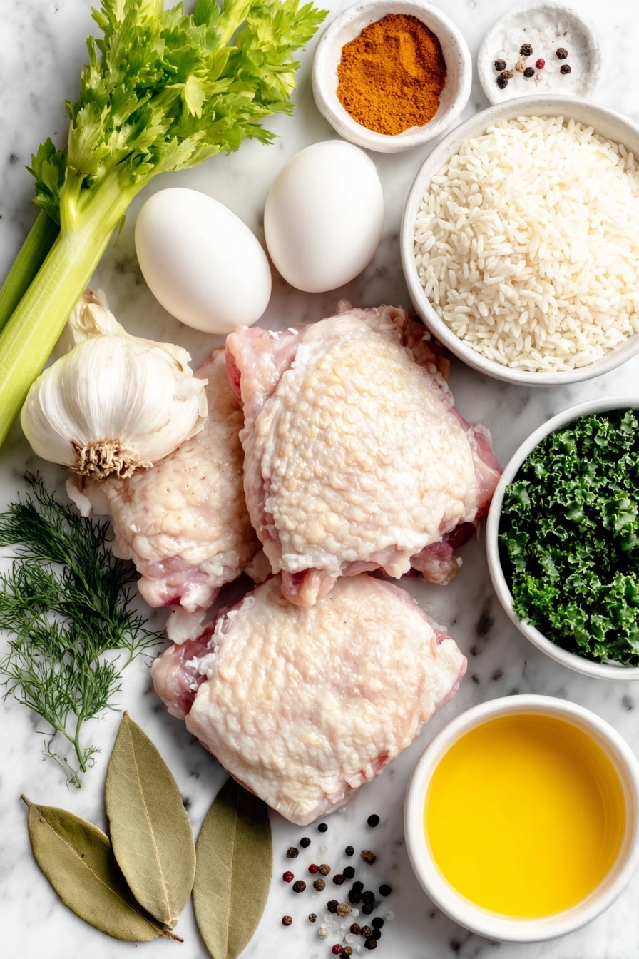 Flat lay of skinless bone-in chicken thighs with natural skin texture, a halved small white onion showing crisp layers, two large cloves of garlic with papery skin, one fresh celery stalk with leaves attached, one medium vibrant orange carrot, small white ceramic bowls holding ground cinnamon and ground turmeric powders, two fresh green bay leaves, a simple white ceramic bowl with short-grain white rice, a loose pile of shredded fresh kale leaves without stems, three extra large whole uncracked eggs with smooth shells, a small white bowl filled with bright yellow lemon juice, a small white bowl containing finely grated unwaxed lemon zest, a small white bowl filled with chopped fresh dill, a small white bowl holding golden extra virgin olive oil, scattered black peppercorns and coarse salt crystals visible on the white marble surface, all ingredients perfectly arranged with balanced layout and symmetry, natural soft lighting highlighting freshness and texture, no utensils or packaging visible, placed on a clean white marble surface, soft natural light, photo taken with an iPhone, professional food photography style, fresh ingredients, white ceramic bowls, no bottles, no duplicates, no utensils, no packaging --ar 2:3 --v 7 --p m7354615311229779997 - Lemon Chicken Soup with Rice and Kale, healthy lemon chicken soup, comforting chicken soup recipes, easy lemon chicken soup, nourishing kale chicken soup
