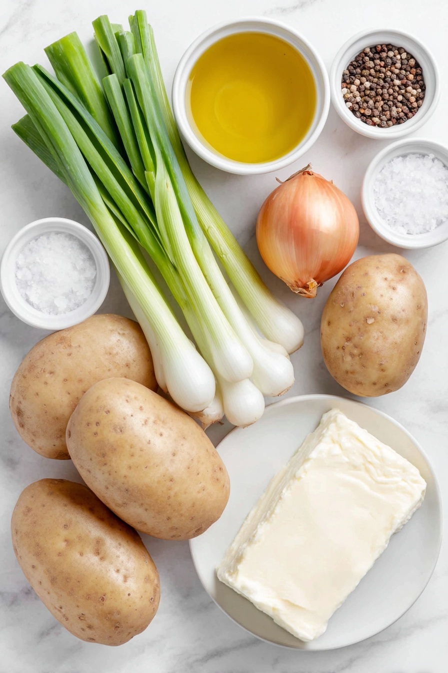Flat lay of fresh whole white potatoes with natural earthy skin, a few bright green leek stalks with white bases sliced neatly, a medium yellow onion with smooth skin, an uncut block of creamy white cream cheese, a small white ceramic bowl filled with golden olive oil, a small white ceramic bowl containing coarse sea salt, another small white ceramic bowl with cracked black peppercorns, and a white ceramic bowl of clear vegetable broth, all arranged symmetrically on a clean white marble surface, soft natural light, photo taken with an iPhone, professional food photography style, fresh ingredients, white ceramic bowls, no bottles, no duplicates, no utensils, no packaging --ar 2:3 --v 7 --p m7354615311229779997 - Creamy Potato Soup, potato soup recipes, hearty soup recipe, easy potato soup, comforting potato soup