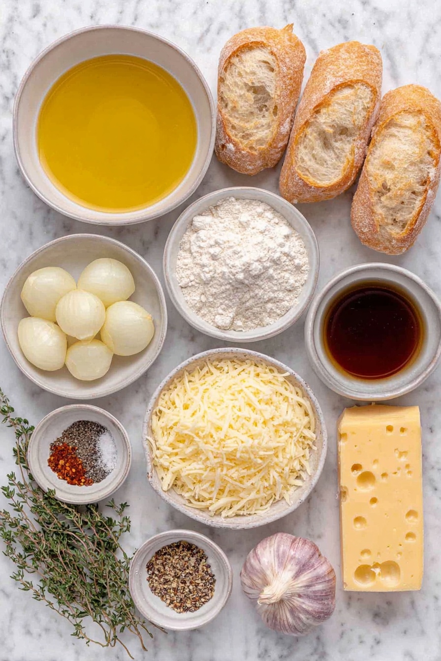 Flat lay of a small white ceramic bowl of extra-virgin olive oil, three medium yellow onions halved and thinly sliced, a few sprigs of fresh thyme leaves, three whole garlic cloves unpeeled, a small white bowl with white all-purpose flour, a small white bowl of dry white wine, a small white bowl of vegetable broth, a small white bowl of balsamic vinegar, a small white bowl of tamari, a few pinches of sea salt in a small white bowl, a few cracks of freshly ground black pepper in a small white bowl, several slices of fresh baguette, a small pile of grated Gruyère, aged cheddar, and Parmesan cheese mixed together, and a pinch of red pepper flakes in a small white bowl—all ingredients fresh and natural, arranged symmetrically on a clean white marble surface, soft natural light, photo taken with an iPhone, professional food photography style, fresh ingredients, white ceramic bowls, no bottles, no duplicates, no utensils, no packaging --ar 2:3 --v 7 --p m7354615311229779997 - French Onion Soup with Baguette Topping, classic French onion soup, cheesy baguette topping, caramelized onion soup, hearty French onion soup