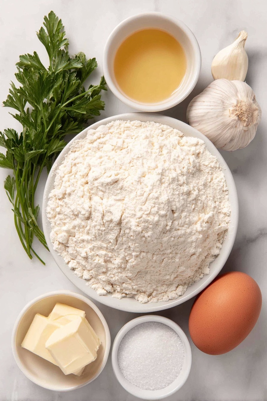 Flat lay of a mound of fine white bread flour, a small white bowl of warm milk, a small white bowl with a mix of golden vegetable oil, a whole large brown egg with a smooth uncracked shell, a small white bowl of golden melted butter, a whole garlic clove with papery white skin, a few vibrant green sprigs of fresh parsley, a small white bowl containing sparkling granulated sugar, a small white bowl with fine white salt crystals, and a small white bowl holding active dry yeast granules, all arranged in perfect symmetry on a clean white marble surface, soft natural light, photo taken with an iPhone, professional food photography style, fresh ingredients, white ceramic bowls, no bottles, no duplicates, no utensils, no packaging --ar 2:3 --v 7 --p m7354615311229779997 - Garlic Butter Dinner Rolls, Fluffy Dinner Rolls, Garlic Bread Rolls, Easy Dinner Rolls, Soft Dinner Rolls
