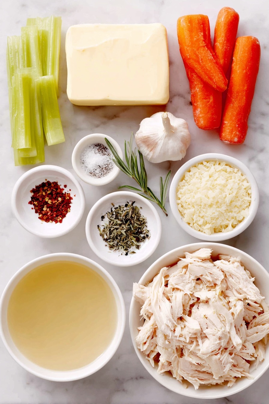 Flat lay of a small slab of butter, two fresh celery ribs diced, three large peeled carrots diced, one whole garlic bulb with one clove minced next to it, a small white bowl filled with clear chicken stock, a small white bowl containing coarse salt, a small white bowl with freshly ground black pepper, a small white bowl with dried rosemary, a small white bowl with dried thyme, a small white bowl with crushed red pepper flakes, a simple portion of uncooked farfalle pasta, shredded pieces of rotisserie chicken arranged neatly, and a small white bowl with chicken bouillon granules, all placed on a clean white marble surface, soft natural light, photo taken with an iPhone, professional food photography style, fresh ingredients, white ceramic bowls, no bottles, no duplicates, no utensils, no packaging --ar 2:3 --v 7 --p m7354615311229779997 - Easy Chicken Noodle Soup, homemade chicken noodle soup, hearty chicken soup, comforting chicken soup recipe, quick chicken noodle soup