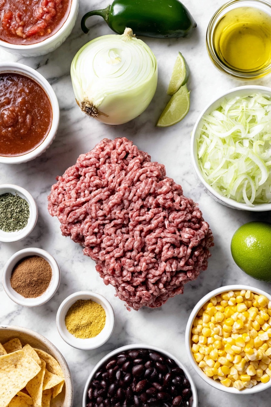 Flat lay of fresh lean ground beef, a medium yellow onion sliced in half showing its layers, two whole uncracked brown garlic cloves, one whole jalapeño pepper, a small white ceramic bowl filled with diced tomatoes with green chiles, a small white ceramic bowl of deep red tomato sauce, a small white ceramic bowl with rich brown beef broth, a small white ceramic bowl holding golden olive oil, a small white ceramic bowl with vibrant yellow chili powder, a small white ceramic bowl of warm brown ground cumin, a small white ceramic bowl with reddish ground paprika, a small white ceramic bowl filled with dried oregano leaves, a small white ceramic bowl of mixed green chopped cilantro leaves, a small white ceramic bowl with fresh bright green lime wedges, a small white ceramic bowl containing bright yellow frozen corn kernels, a small white ceramic bowl of shiny black beans, a small white ceramic bowl of reddish-brown pinto beans, fresh shredded Mexican blend cheese in a neat pile, finely chopped green onion rings, diced creamy green avocado cubes, and a small pile of golden corn tortilla strips — all placed on a clean white marble surface, soft natural light, photo taken with an iPhone, professional food photography style, fresh ingredients, white ceramic bowls, no bottles, no duplicates, no utensils, no packaging --ar 2:3 --v 7 --p m7354615311229779997 - Easy Ground Beef Taco Soup, ground beef taco soup, taco soup recipe, quick beef soup, hearty taco soup