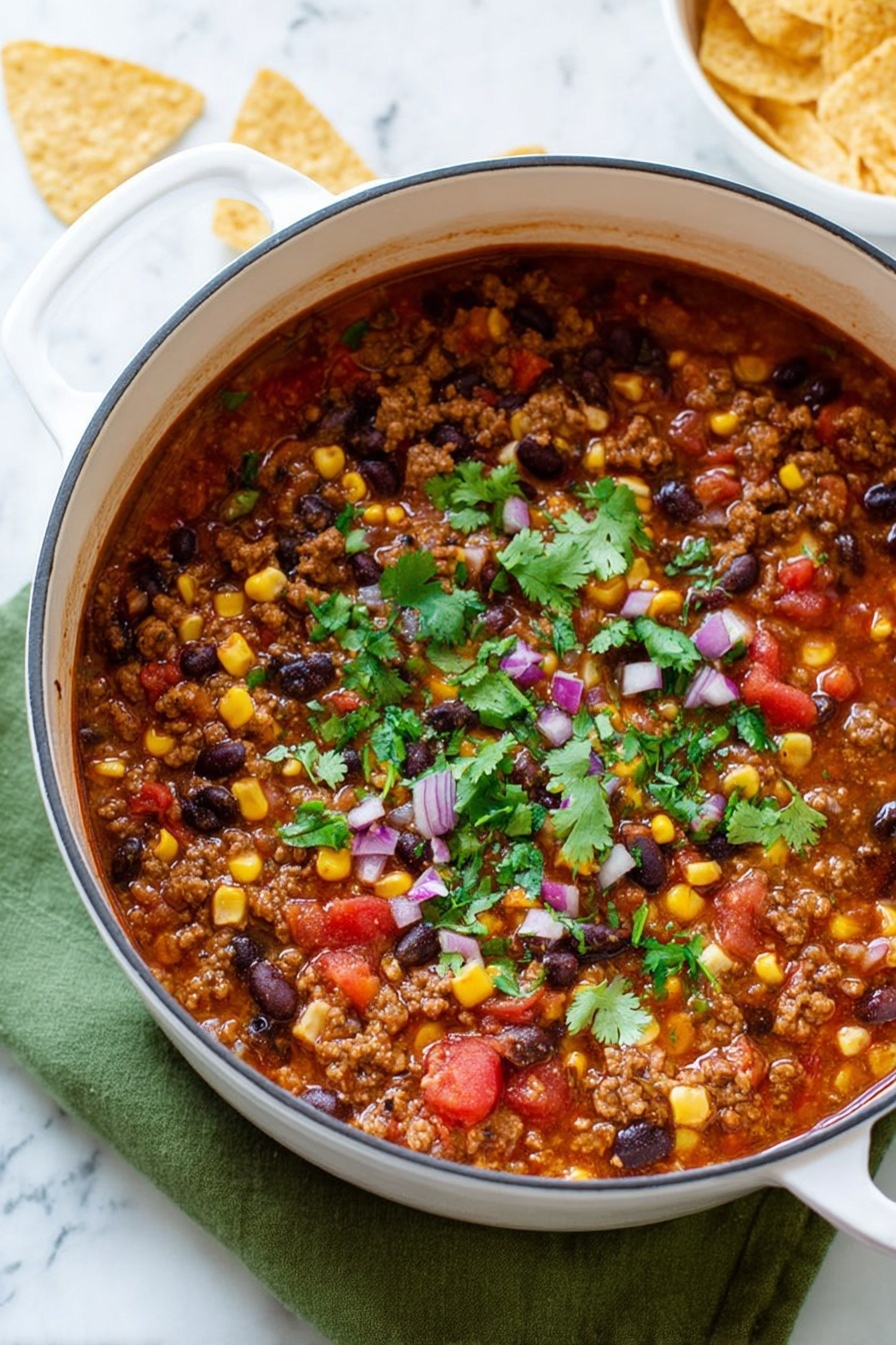A large white pot filled with chili showing layers of ingredients including brown cooked ground meat, black beans, light brown pinto beans, yellow corn, small red diced tomatoes, and green cilantro leaves evenly spread on top. There are small pieces of purple-red onion scattered across the surface. The pot rests on a green cloth on a white marbled surface, with tortilla chips in the background. Photo taken with an iphone --ar 2:3 --v 7 - Easy Ground Beef Taco Soup, ground beef taco soup, taco soup recipe, quick beef soup, hearty taco soup