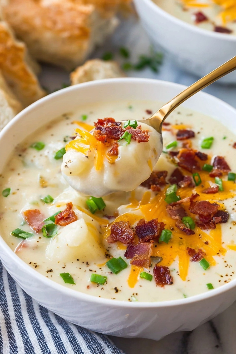A white bowl filled with creamy, thick potato soup spilling slightly over the edge, showing chunks of soft potatoes covered in smooth white sauce. On top, colorful layers include small crispy bacon pieces in dark red and brown tones, bright orange shredded cheese, and vibrant green chopped scallions. A gold spoon lifts a spoonful of the creamy soup, emphasizing the thick texture and mixed ingredients. The bowl sits on a white marbled surface with a striped cloth below and some bread pieces visible in the corner. Photo taken with an iphone --ar 2:3 --v 7 - Creamy Potato Soup with Bacon, Potato Bacon Soup, Easy Creamy Potato Soup, Comforting Potato Soup Recipe, Bacon-Loaded Potato Soup