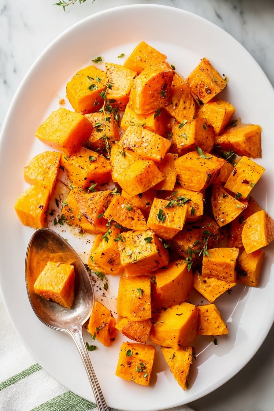 The image shows a white plate filled with orange roasted cubes of sweet potato, some pieces having a slightly darker golden brown crispy surface. The cubes are scattered evenly across the plate, with a silver spoon holding a few pieces in the lower part of the plate. Small green herb flakes are sprinkled on top of the sweet potatoes and some black pepper is also visible. The plate is set on a white marbled surface with a glimpse of a white cloth with green stripes around the edges. photo taken with an iphone --ar 2:3 --v 7 - Roasted Butternut Squash, roasted butternut squash side dish, autumn vegetable recipes, healthy roasted squash, easy butternut squash recipe