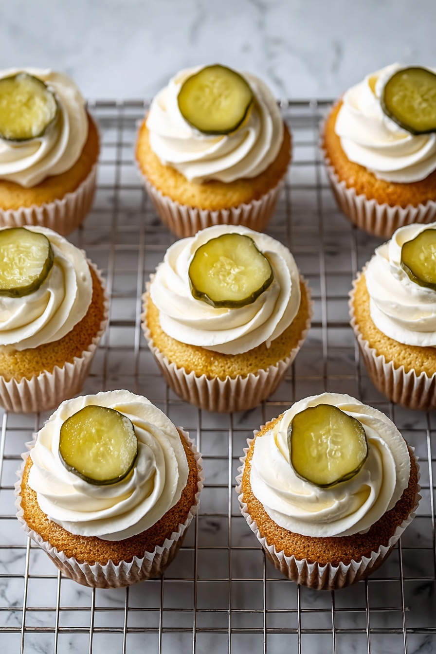 Eight vanilla cupcakes sit on a metal cooling rack over a white marbled surface. Each cupcake has two visible layers: a golden brown base wrapped in white paper liners, topped with a thick swirl of smooth white frosting. On top of the frosting of every cupcake, there is a round green pickle slice with light seeds and a shiny texture, placed in the center. The frosting swirls are neatly piped and evenly spaced on all cupcakes, creating a uniform look. photo taken with an iphone --ar 2:3 --v 7 - Pickle Cake Cupcakes with Cream Cheese Frosting, uniquely flavored cupcakes, tangy sweet dessert, savory pickle cupcakes, innovative cupcake recipes