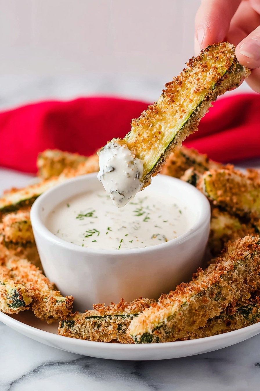 The image shows a woman's hand holding a golden brown, crispy zucchini stick with a crunchy breadcrumb coating, dipped halfway into a creamy white sauce with green herb pieces visible. The sauce fills a white bowl placed on a white plate, along with more breaded zucchini sticks stacked around it. The background is a clean, white marbled surface with a blurred red cloth in the back. The textures highlight the contrast between the crispy coating and smooth sauce. photo taken with an iphone --ar 2:3 --v 7 - Crispy Dill Pickle Fries, dill pickle fries recipe, crispy pickle snack, crunchy pickle appetizer, homemade pickle fries