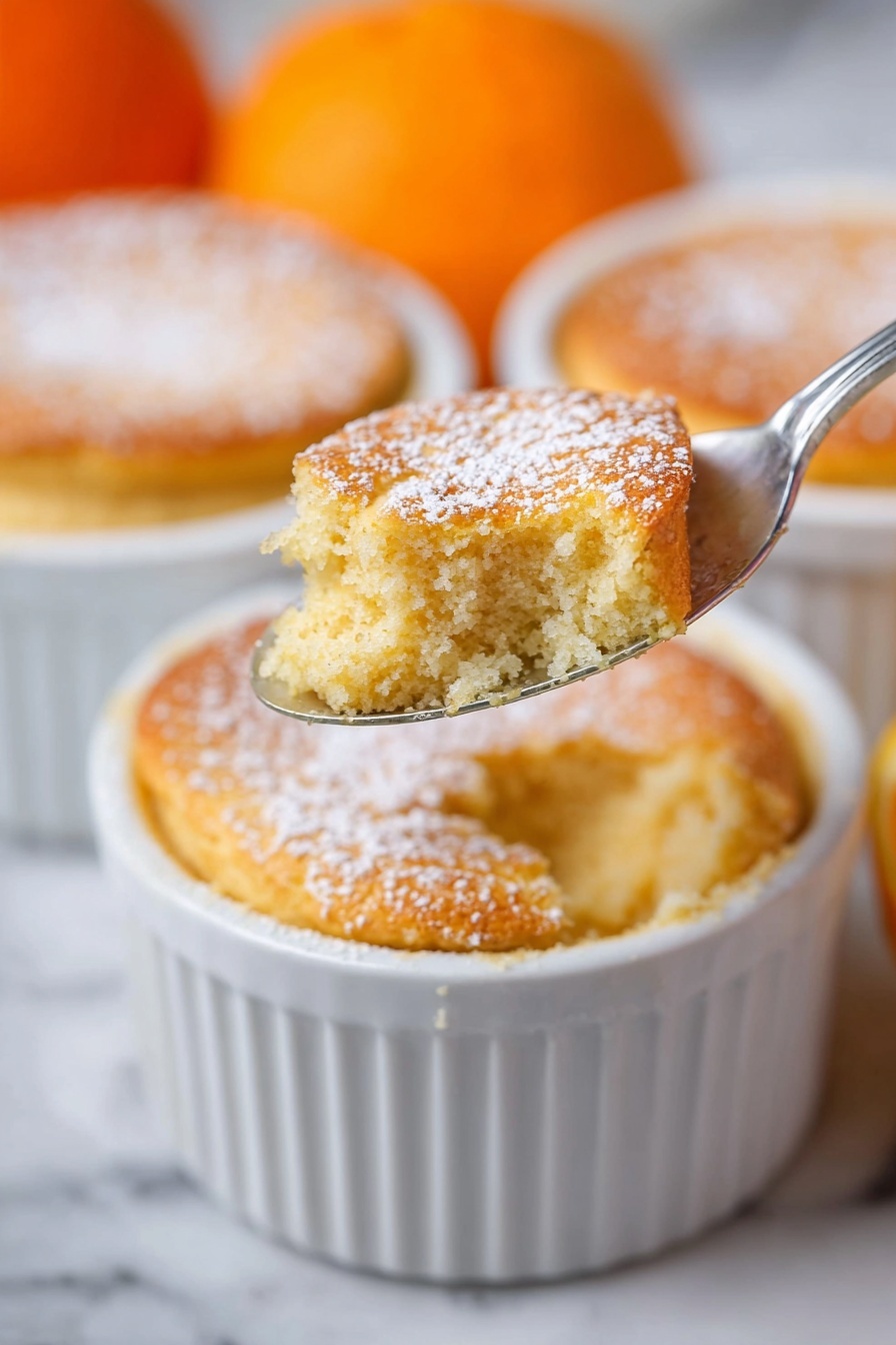 A white ramekin holds a small, round baked dish with a light golden-brown top sprinkled lightly with powdered sugar. A spoon lifts one scoop of the soft, fluffy, spongy interior, showing a slightly moist and textured inside with a warm tan color. In the blurry background, there are two more white ramekins with similar baked dishes and an orange fruit partially visible. The whole scene is set on a white marbled surface. Photo taken with an iphone --ar 2:3 --v 7 - Pumpkin Souffle, pumpkin souffle recipe, fall dessert ideas, light pumpkin desserts, easy souffle recipes