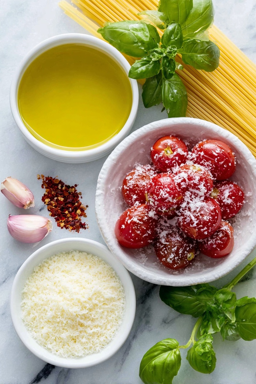 Flat lay of a small white ceramic bowl filled with extra virgin olive oil, a whole peeled garlic clove, a pinch of dried red pepper flakes on the side, a simple white ceramic plate holding a cluster of glossy whole peeled San Marzano tomatoes with their juice, a scattering of kosher salt crystals, a fresh green basil branch with a few loose leaves beside it, a neat bundle of uncooked spaghetti pasta, and a small white ceramic bowl with freshly grated Parmesan cheese, all placed on a clean white marble surface, soft natural light, photo taken with an iPhone, professional food photography style, fresh ingredients, white ceramic bowls, no bottles, no duplicates, no utensils, no packaging --ar 2:3 --v 7 --p m7354615311229779997 - Easy Tomato Pasta Pomodoro, Tomato Pasta with Basil and Garlic, Simple Italian Pasta Recipe, Quick Homemade Tomato Pasta, Classic Pasta Pomodoro