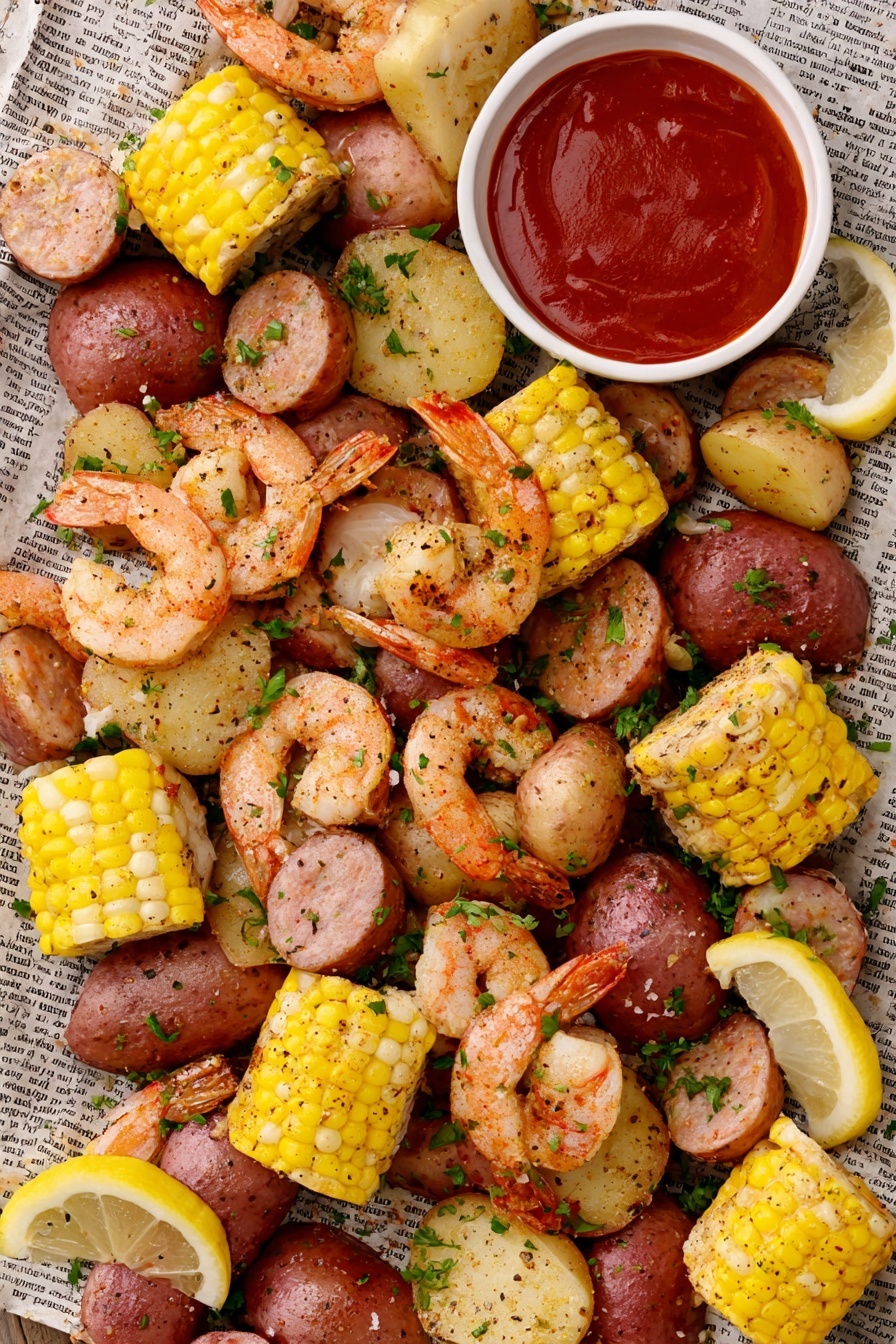 The image shows a mixed seafood boil spread out over a layer of newspaper. The dish includes several large pink shrimp with visible tails and light seasoning scattered on them. There are multiple chunks of bright yellow corn on the cob, halved into small sections, positioned evenly throughout the seafood. Red potatoes, both whole and sliced, add a round and smooth texture, with some pieces garnished with chopped green herbs. Sliced sausage rounds with a slightly browned surface are scattered among the other ingredients. Bright yellow lemon wedges are placed on top and around the mix, adding a fresh pop of color. A small white bowl filled with thick red sauce is positioned near the top center, completing this rustic, colorful seafood spread. Photo taken with an iphone --ar 2:3 --v 7 - Ultimate Shrimp Boil, shrimp boil recipe, seafood boil, Southern shrimp boil, seafood boil dinner