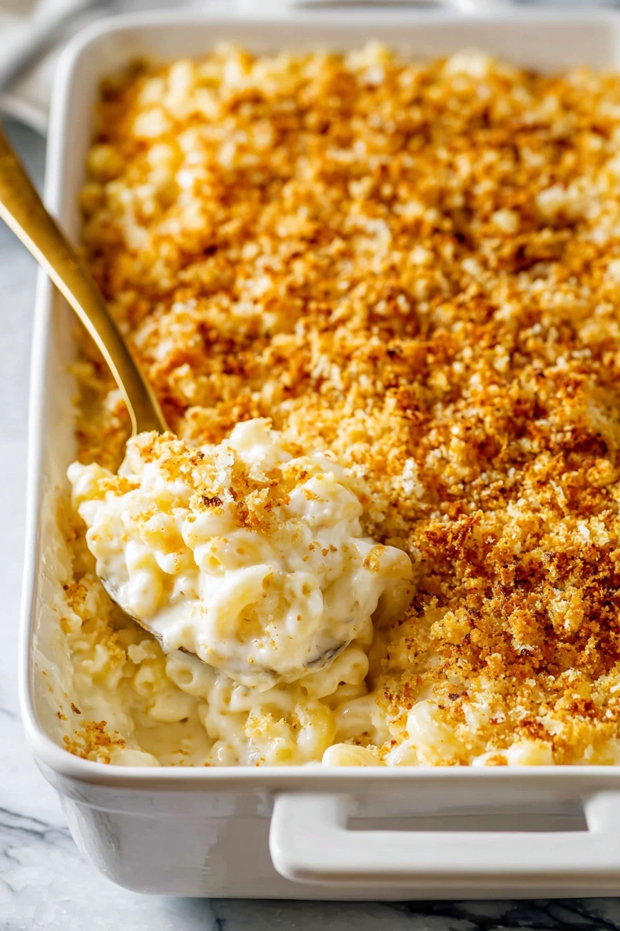 A close-up view of a white rectangular casserole dish filled with mac and cheese, showing three layers: a creamy white cheesy pasta base, a middle layer of soft macaroni mixed with cheese sauce, and a thick golden brown crispy crumb topping covering the whole surface. A gold spoon scoops out a portion, revealing the melty cheesy pasta underneath the crunchy top. The dish sits on a white marbled surface. photo taken with an iphone --ar 2:3 --v 7 - Truffle Mac and Cheese, gourmet mac and cheese recipes, creamy truffle mac and cheese, decadent cheese pasta, luxury comfort food