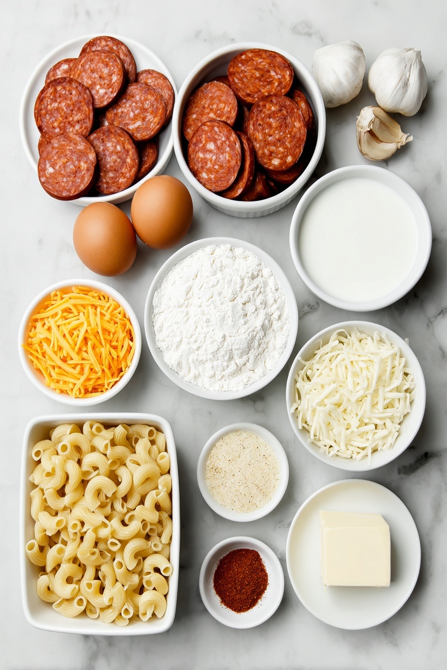 Flat lay of fresh sliced chorizo rounds, two whole uncracked brown eggs, two peeled garlic cloves chopped, a small white ceramic bowl with plain flour, a small white ceramic bowl filled with milk, a small white ceramic bowl of finely grated extra mature cheddar, a small white ceramic bowl of shredded block mozzarella, a small white ceramic bowl containing smoked paprika powder, a small white ceramic bowl with cayenne pepper powder, a small white ceramic bowl with Dijon mustard, uncooked macaroni pasta laid neatly, a small white ceramic bowl of panko breadcrumbs, a small white ceramic bowl with grated Parmesan cheese, a small chunk of butter on a white ceramic dish, arranged in perfect symmetry and balanced proportions, all fresh and natural, placed on a clean white marble surface, soft natural light, photo taken with an iPhone, professional food photography style, fresh ingredients, white ceramic bowls, no bottles, no duplicates, no utensils, no packaging --ar 2:3 --v 7 --p m7354615311229779997 - Chorizo Mac and Cheese Bake, spicy mac and cheese, cheesy chorizo pasta bake, comforting baked pasta, easy chorizo pasta recipes