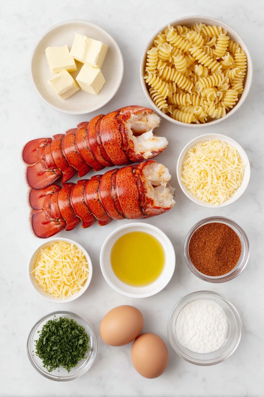 Flat lay of five fresh lobster tails with bright red shells, a small white ceramic bowl of unsalted butter chunks, a small white ceramic bowl of vibrant cajun seasoning powder, a neat pile of uncooked cavatappi pasta twists, a small white ceramic bowl holding shredded mild cheddar cheese, a small white ceramic bowl holding shredded monterey jack cheese, a small white ceramic bowl holding shredded gruyere cheese, a small white ceramic bowl holding shredded parmesan cheese, a small white ceramic bowl with golden olive oil, a small white ceramic bowl with minced fresh garlic, a small white ceramic bowl of all purpose flour, a small white ceramic bowl of thick heavy cream, a small white ceramic bowl of whole milk, a small white ceramic bowl containing onion powder, a small white ceramic bowl containing garlic powder, a small white ceramic bowl with dry mustard powder, a small white ceramic bowl with smoked paprika, a small white ceramic bowl with cayenne powder, two whole clean uncracked brown eggs, a small white ceramic bowl filled with golden panko breadcrumbs, and a few sprigs of fresh chopped parsley all arranged with perfect symmetry, placed on a clean white marble surface, soft natural light, photo taken with an iPhone, professional food photography style, fresh ingredients, white ceramic bowls, no bottles, no duplicates, no utensils, no packaging --ar 2:3 --v 7 --p m7354615311229779997 - Lobster Mac and Cheese, decadent lobster pasta, creamy cheese pasta with lobster, gourmet seafood mac and cheese, easy lobster mac recipe
