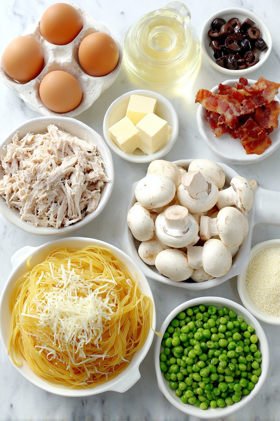 Flat lay of thin spaghetti broken in half, a few small cubes of cream cheese on a simple white ceramic plate, whole uncracked brown eggs, quartered white mushrooms in a white ceramic bowl, a small white bowl of green peas, cooked shredded turkey pieces on a white plate, finely chopped black olives in a white bowl, sliced raw garlic cloves, small white bowl of butter cubes, small white bowl of grated Monterey Jack cheese, another small white bowl of grated Parmesan cheese, small white bowl of panko breadcrumbs, a few sprigs of black peppercorns scattered neatly, crispy fried bacon bits on a white dish, small white bowl of white wine, all arranged symmetrically and naturally placed on a clean white marble surface, soft natural light, photo taken with an iPhone, professional food photography style, fresh ingredients, white ceramic bowls, no bottles, no duplicates, no utensils, no packaging --ar 2:3 --v 7 --p m7354615311229779997 - Turkey Tetrazzini Casserole, Turkey casserole recipe, cheesy turkey pasta bake, creamy turkey casserole, comfort food with turkey