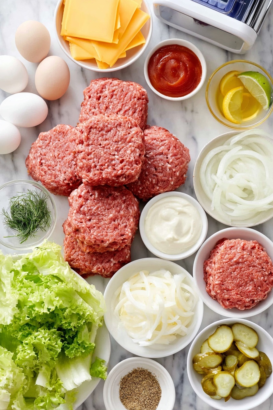 Flat lay of fresh 80/20 ground beef formed into raw patties, a few sprigs of dried dill, a small white bowl of creamy mayonnaise, a small white bowl of bright red ketchup, a small white bowl of golden Worcestershire sauce, a small white bowl with light green pickle juice, a few bright lemon or lime wedges with fresh lime juice, a small white bowl of smoked paprika powder, a small white bowl of cayenne pepper, a small white bowl of garlic powder granules, a small white bowl of yellow mustard powder, six whole uncracked brown eggs, six thick slices of sharp cheddar cheese, six soft golden brioche hamburger buns, fresh vibrant green romaine lettuce leaves torn into pieces, one ripe tomato sliced, a few crisp pale green pickle slices, a small heap of glossy caramelized onions, clean white ceramic bowls and plates arranged symmetrically and balanced, placed on a clean white marble surface, soft natural light, photo taken with an iPhone, professional food photography style, fresh ingredients, white ceramic bowls, no bottles, no duplicates, no utensils, no packaging --ar 2:3 --v 7 --p m7354615311229779997 - Ultimate Cheeseburger with Secret Sauce, cheeseburger recipe, homemade burger with special sauce, juicy cheeseburger, easy burger recipe