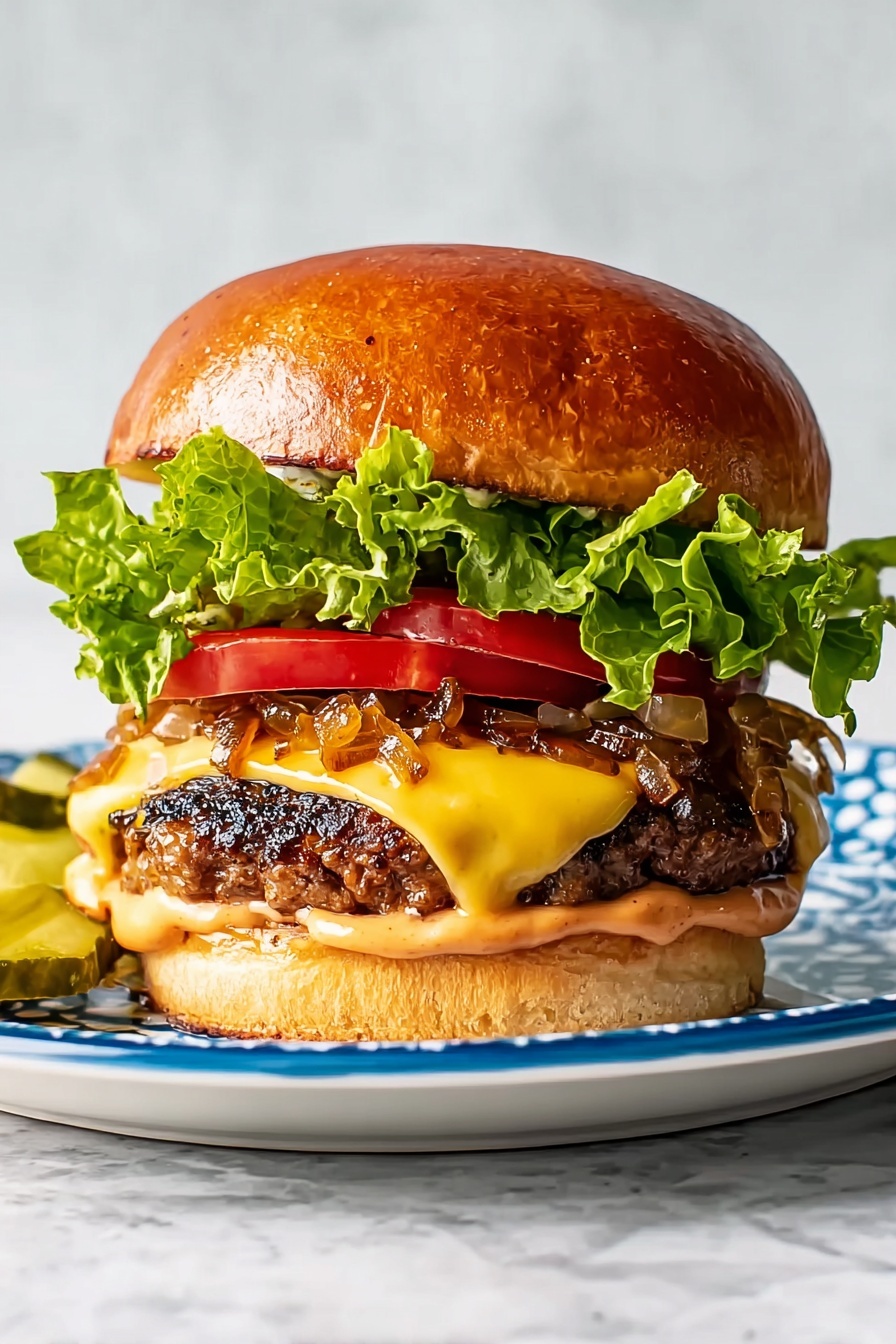 A close-up view of a stacked burger on a white plate with blue patterns, placed on a white marbled surface. The bottom layer is a toasted soft bun spreading light orange sauce. On top is a grilled beef patty with melted yellow cheese that has a slightly shiny texture. Above the cheese are sautéed onions with a caramel brown color and a few darker edges, followed by two bright red tomato slices. Next is a fresh green leafy lettuce layer with ruffled edges, and the top is a shiny golden-brown bun with a smooth texture. A few pickle slices are partially visible on the left side of the plate. photo taken with an iphone --ar 2:3 --v 7 - Ultimate Cheeseburger with Secret Sauce, cheeseburger recipe, homemade burger with special sauce, juicy cheeseburger, easy burger recipe