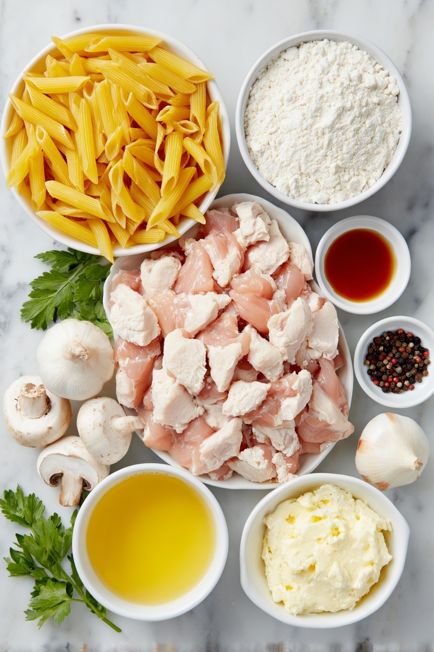 Flat lay of penne pasta uncooked in a small heap, raw chicken breast cut into bite-sized pieces, a small white bowl with white all-purpose flour, a few grains of kosher salt scattered nearby, cracked black peppercorns in a small pile, a whole shallot with smooth purple skin, fresh white mushrooms sliced, three whole garlic cloves unpeeled, a small white bowl filled with deep amber Marsala wine, another small white bowl with light golden chicken broth, a small white bowl containing creamy skim milk, a dollop of reduced-fat cream cheese on a white ceramic dish, and a few sprigs of fresh green parsley arranged symmetrically placed on a clean white marble surface, soft natural light, photo taken with an iPhone, professional food photography style, fresh ingredients, white ceramic bowls, no bottles, no duplicates, no utensils, no packaging --ar 2:3 --v 7 --p m7354615311229779997 - Creamy Chicken Marsala Pasta, Chicken Marsala pasta recipe, easy chicken Marsala, creamy pasta with Marsala wine, comforting chicken pasta dish