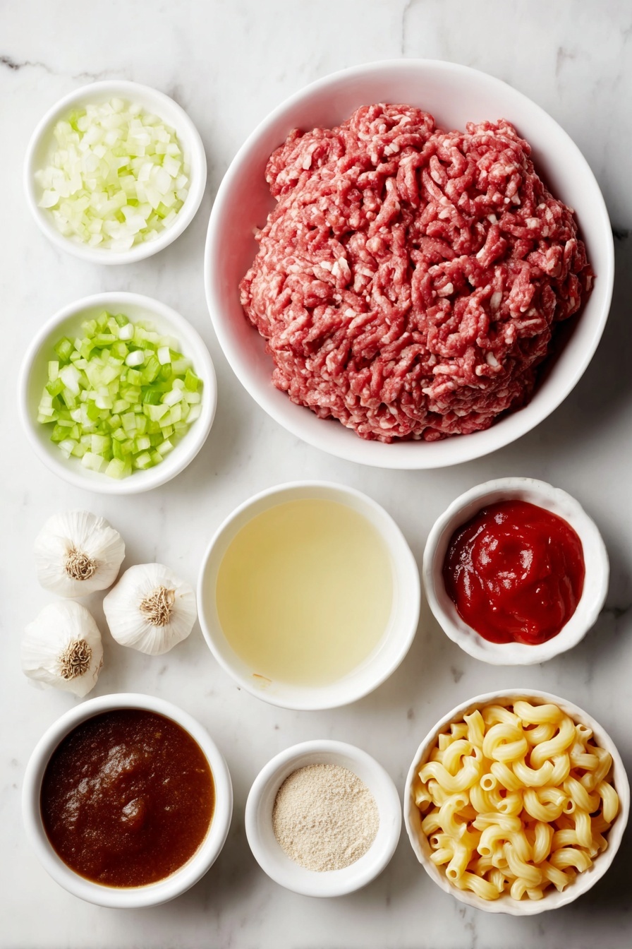 Flat lay of fresh raw ground beef formed into a loose mound, a small white bowl with deep red tomato paste, a small white bowl filled with diced yellow onion, a small white bowl holding diced green bell pepper, a small white bowl containing diced celery stalk, four whole uncracked garlic bulbs cloves arranged neatly, a small white bowl with undrained diced bright red tomatoes, a small white bowl filled with smooth tomato sauce, a small white bowl of rich brown Worcestershire sauce, a small white bowl filled with clear golden chicken broth, a small white bowl holding uncooked elbow macaroni pasta, a small white bowl with pale orange shredded cheddar cheese, small white bowls each containing Italian seasoning, seasoned salt, and garlic powder powders, all ingredients fresh and natural, perfectly balanced and symmetrical arrangement on a simple white ceramic background placed on a clean white marble surface, soft natural light, photo taken with an iPhone, professional food photography style, fresh ingredients, white ceramic bowls, no bottles, no duplicates, no utensils, no packaging --ar 2:3 --v 7 --p m7354615311229779997 - American Chop Suey, easy American Chop Suey recipe, comfort food recipes, quick weeknight dinners, hearty pasta dishes