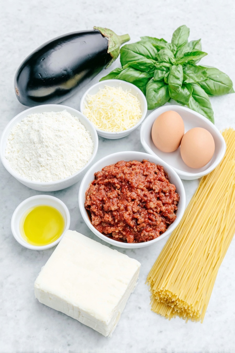 Flat lay of a whole globe eggplant with deep purple glossy skin, a small mound of all-purpose flour in a simple white ceramic bowl, two whole brown eggs with clean shells, a small white bowl filled with golden Japanese panko breadcrumbs, a small white bowl holding neutral light yellow cooking oil, a block of fresh white mozzarella cheese, a neat bundle of uncooked spaghetti pasta strands, a small white bowl of rich red homemade meat sauce, a small white bowl with finely grated Parmigiano-Reggiano cheese, and a few fresh bright green basil sprigs, all placed on a clean white marble surface, soft natural light, photo taken with an iPhone, professional food photography style, fresh ingredients, white ceramic bowls, no bottles, no duplicates, no utensils, no packaging --ar 2:3 --v 7 --p m7354615311229779997 - Eggplant Parmesan Spaghetti with Meat Sauce, Eggplant Parmesan pasta, Italian eggplant spaghetti, hearty eggplant pasta recipe, meat sauce spaghetti