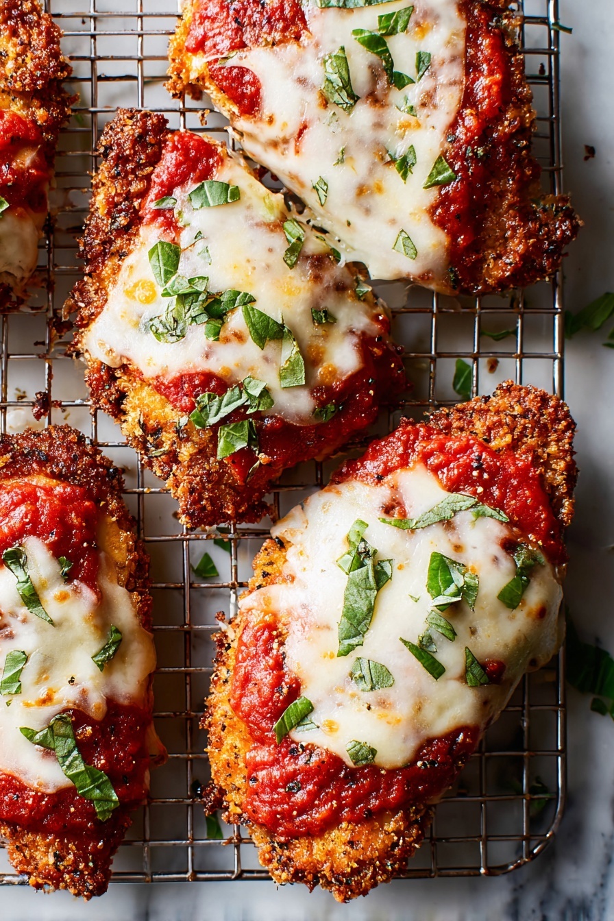 The image shows four pieces of crispy fried chicken topped with a bright red tomato sauce layer and a thick layer of melted white cheese that has slight golden spots from baking. Each piece is garnished with fresh green chopped herbs scattered on top. The chicken pieces sit on a silver wire rack, and beneath it is a white marbled surface. The texture of the chicken is crunchy and golden brown around the edges, while the cheese is smooth and creamy with a slightly bubbly appearance. photo taken with an iphone --ar 2:3 --v 7 - Chicken Parmesan with Marinara Sauce, homemade chicken Parmesan, easy Chicken Parmesan recipe, cheesy Chicken Parmesan dinner, crispy chicken Parmesan